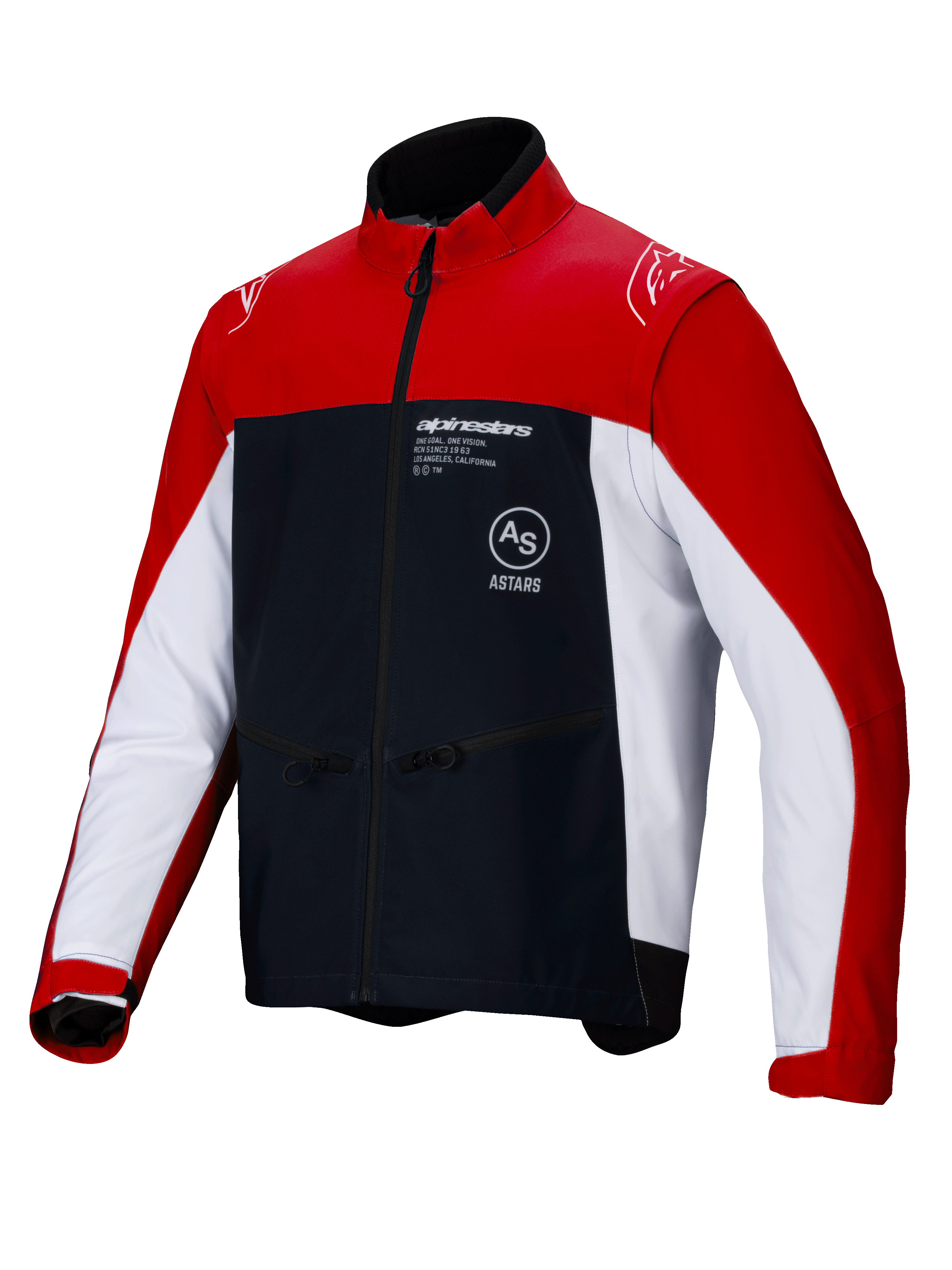 Chaqueta Alpinestars Lite-Dura Softshell, chaqueta de motociclismo para enduro off-road, negro, rojo brillante y blanco, con un diseño de bloques de color con hombros y exterior de las mangas en rojo, paneles laterales blancos y pecho negro con la marca Alpinestars, bolsillos con cremallera y diseño de cuello alto
