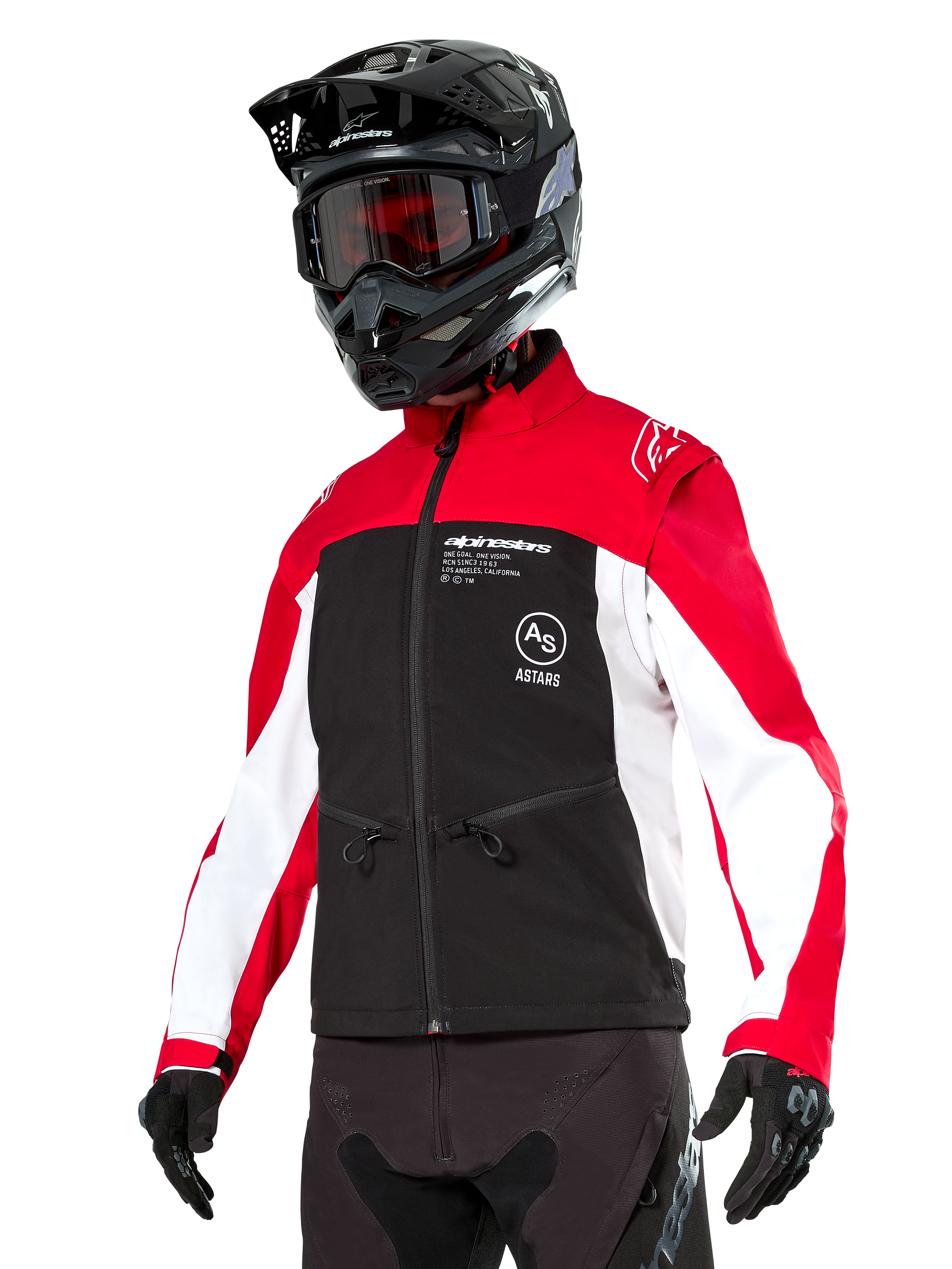 Alpinestars Lite-Dura Softshell Jacket, Motorcycle Jacket, Black, Bright Red, and White, worn by a rider with a black motocross helmet, red goggles, and gloves, featuring bold branding on the chest, designed for off-road and enduro riding