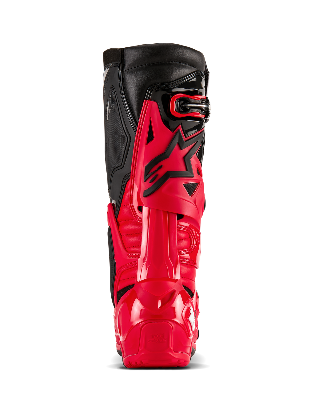 Botas Alpinestars Tech 10 Enduro en rojo brillante y negro, vista trasera que muestra el Protector Dinámico de Compresión del Talón y el bastidor de flexión, equipo profesional de motocross con carcasa de TPU duradera y paneles superiores de cuero negro