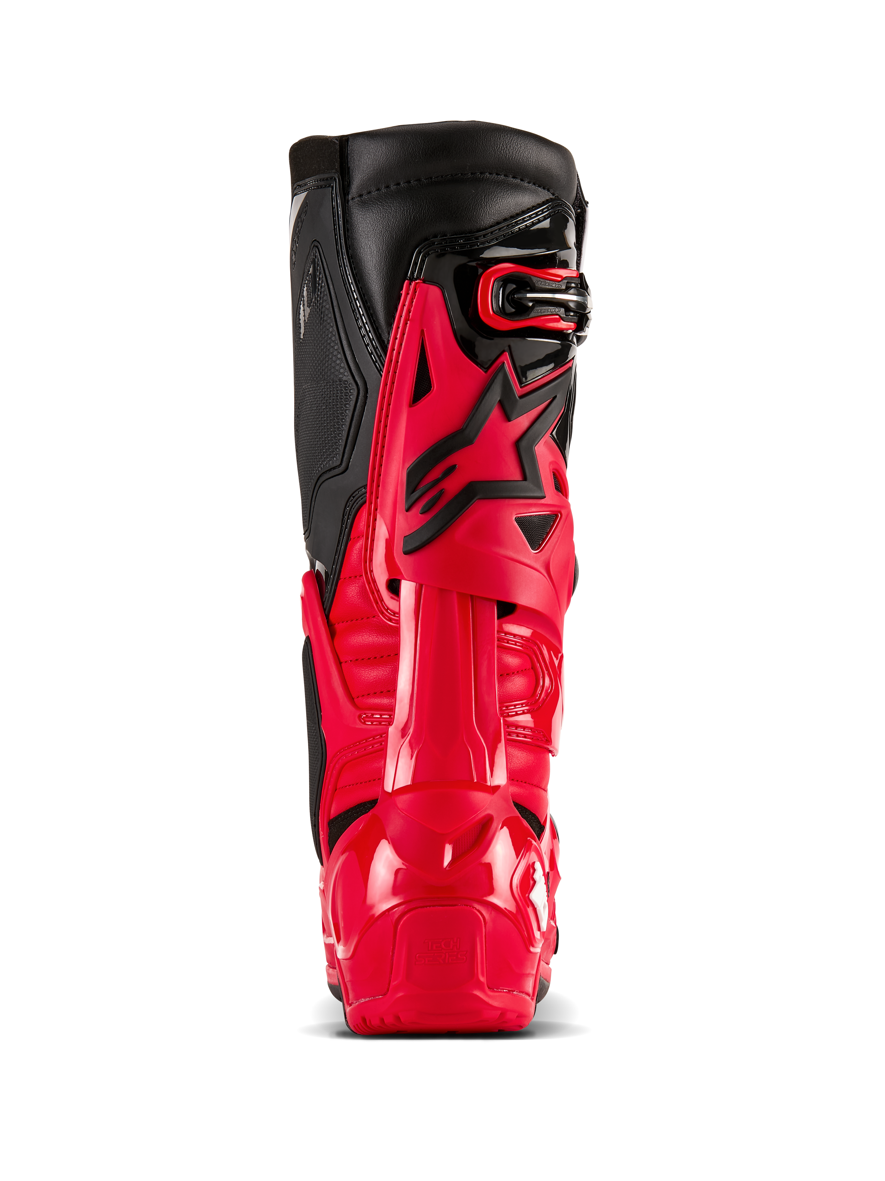 Botas Alpinestars Tech 10 Enduro en rojo brillante y negro, vista trasera que muestra el Protector Dinámico de Compresión del Talón y el bastidor de flexión, equipo profesional de motocross con carcasa de TPU duradera y paneles superiores de cuero negro