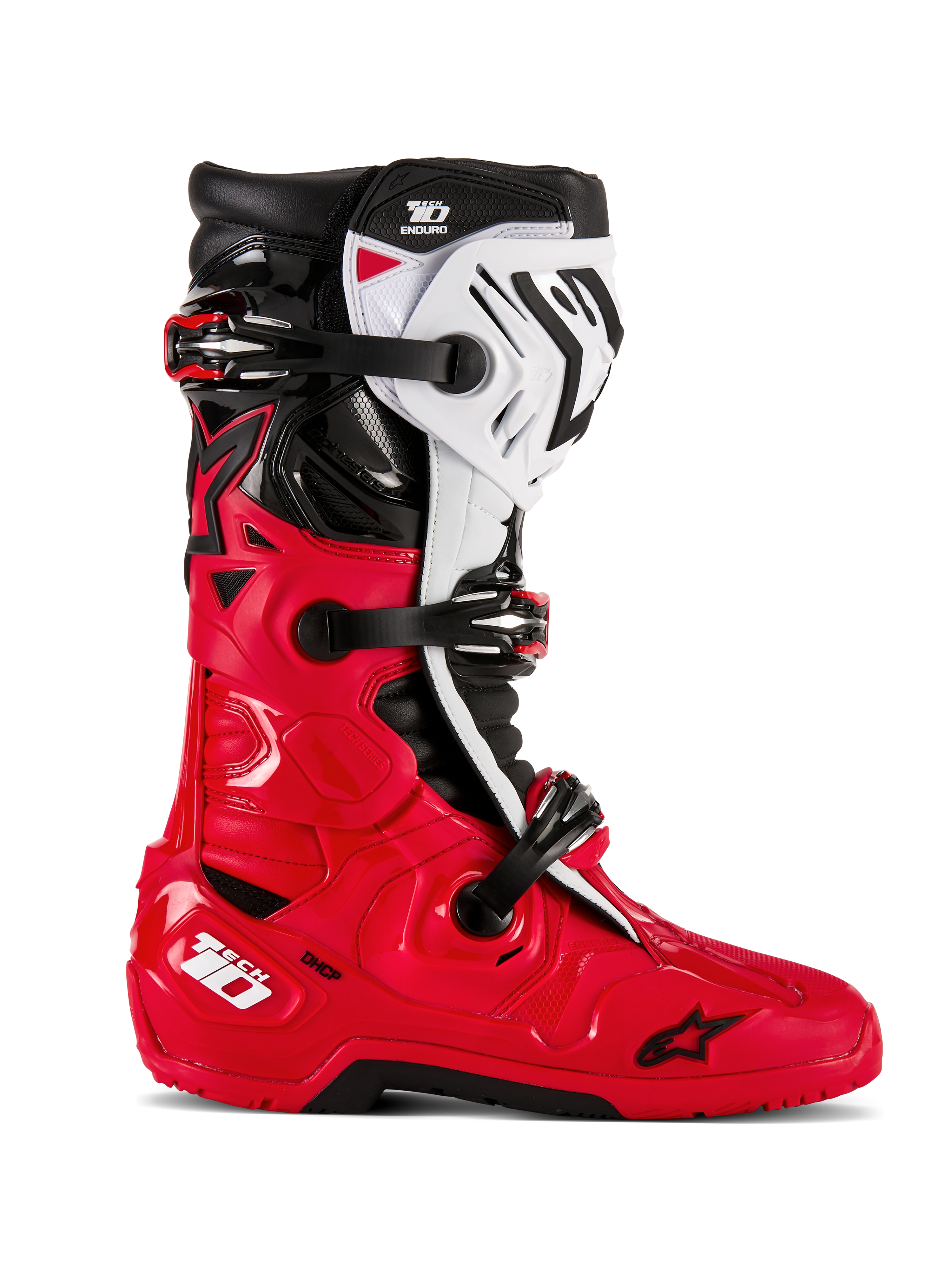 Botas Alpinestars Tech 10 Enduro, botas de motocross todoterreno, rojo brillante, negro y blanco, vista de perfil lateral, sistema de cierre con triple hebilla, paneles protectores robustos, suela de agarre especializada para enduro y logotipo Alpinestars