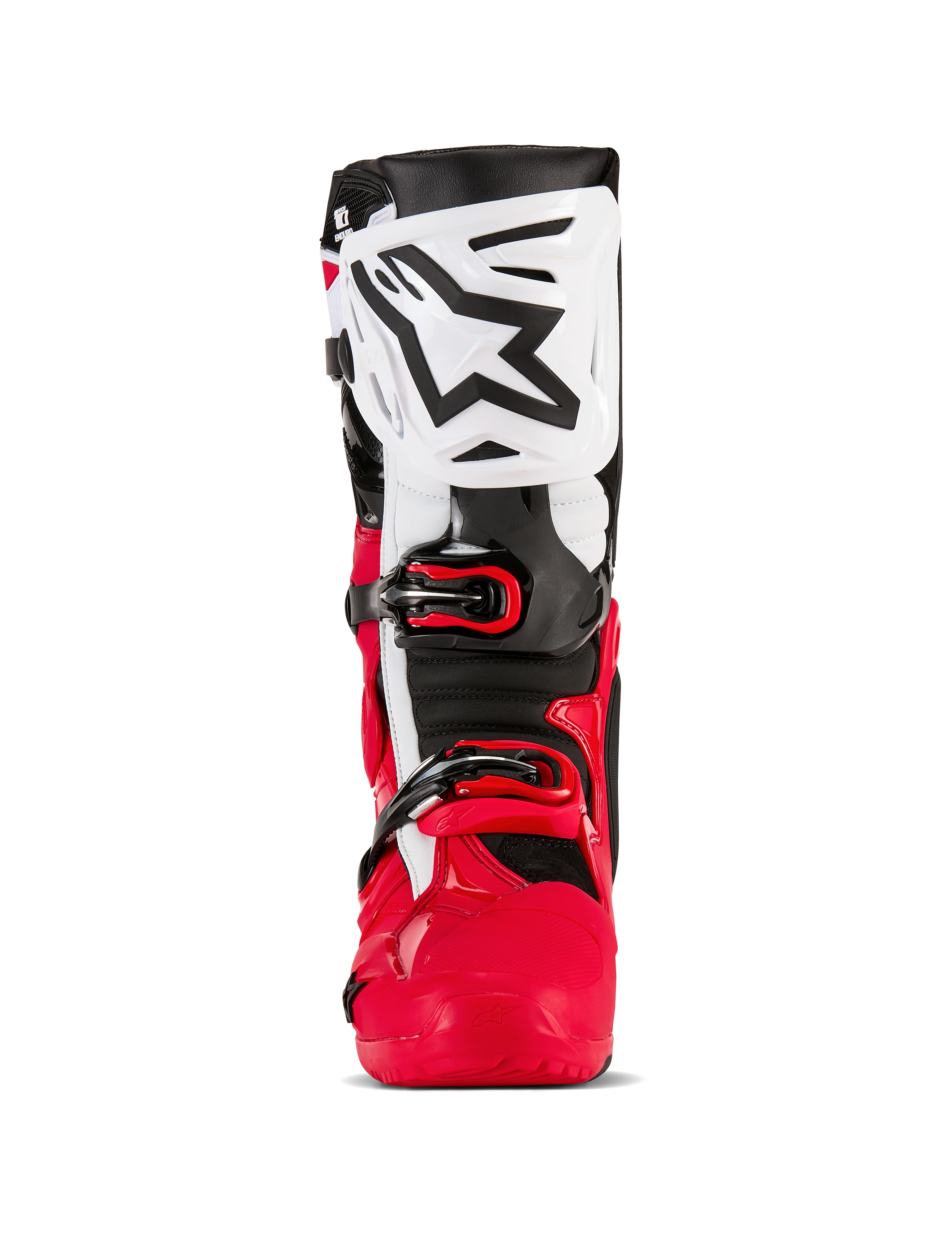Botas Alpinestars Tech 10 Enduro, botas de motocross y enduro, rojo brillante, negro y blanco, vista frontal con espinillera blanca y logotipo negro de Alpinestars, chasis inferior rojo y sistema de cierre de hebilla seguro, equipo de protección de alto rendimiento para conducción todoterreno