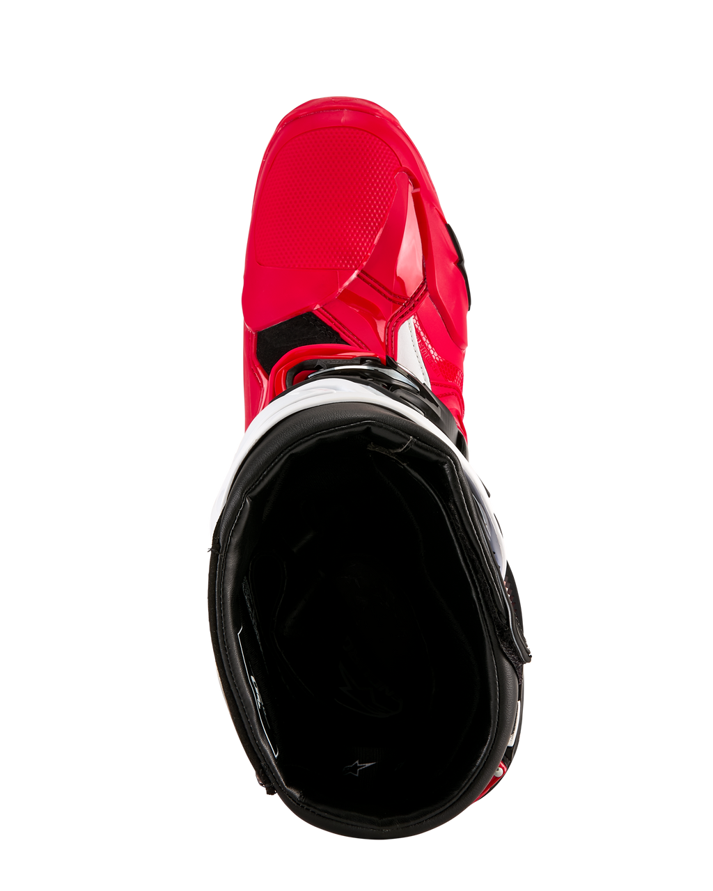 Botas Alpinestars Tech 10 Enduro, botas de motocross, rojo brillante, negro y blanco, vista superior mirando el forro interior negro, carcasa exterior rojo brillante con detalles blancos, calzado protector para competición todoterreno