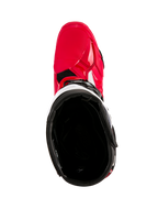 Botas Alpinestars Tech 10 Enduro, botas de motocross, rojo brillante, negro y blanco, vista superior mirando el forro interior negro, carcasa exterior rojo brillante con detalles blancos, calzado protector para competición todoterreno