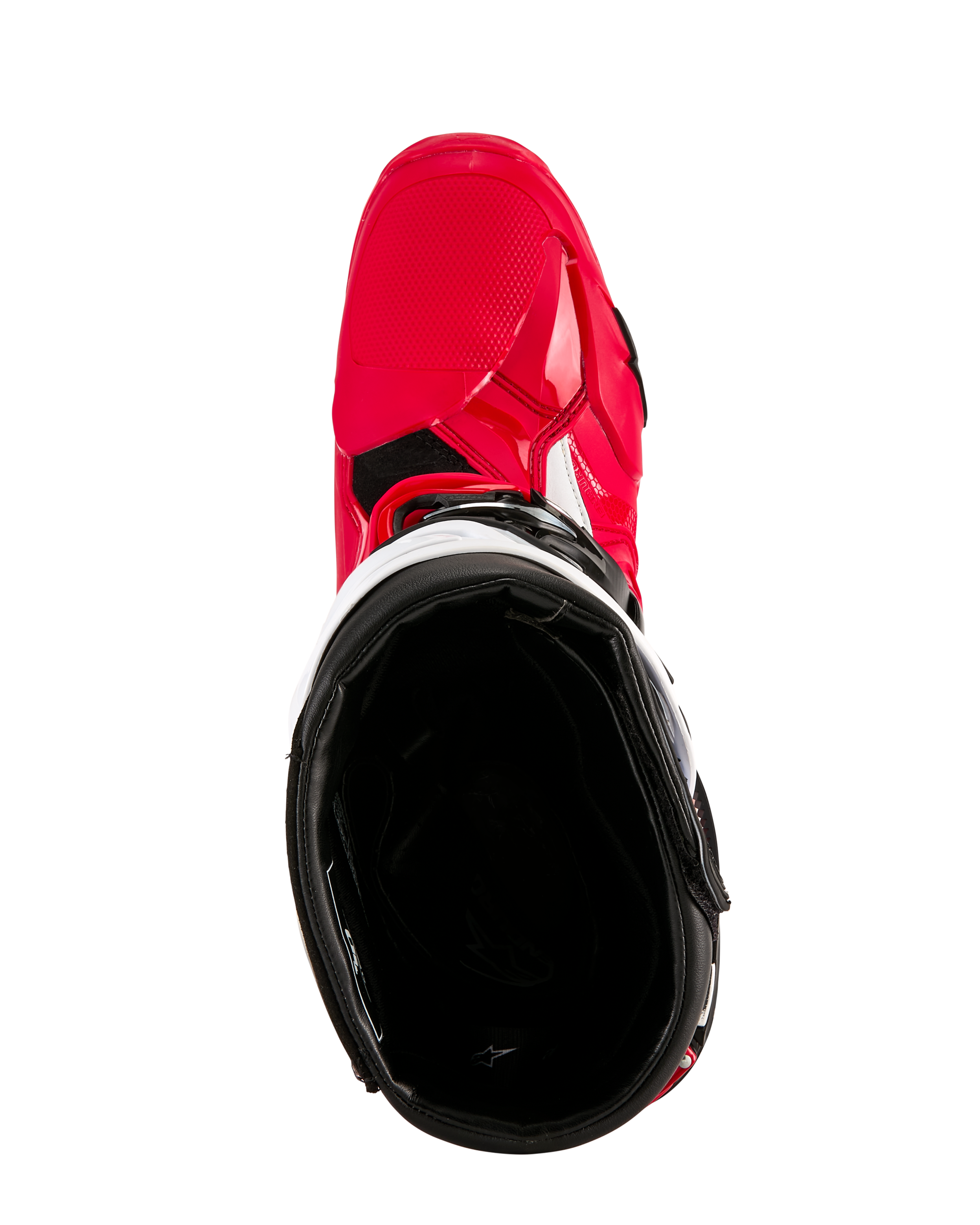 Botas Alpinestars Tech 10 Enduro, botas de motocross, rojo brillante, negro y blanco, vista superior mirando el forro interior negro, carcasa exterior rojo brillante con detalles blancos, calzado protector para competición todoterreno