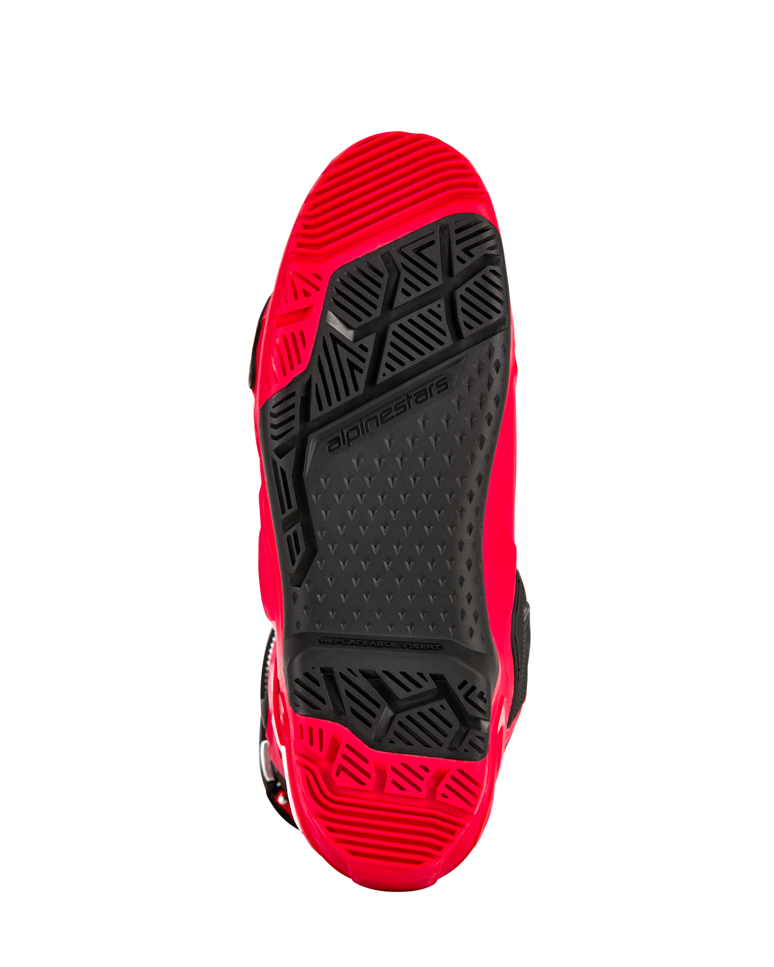 Botas Alpinestars Tech 10 Enduro, rojo brillante y negro, vista inferior de la suela de doble compuesto específica para enduro, con un patrón de dibujo de alto agarre y un inserto central negro reemplazable.
