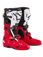 Botas Alpinestars Tech 10 Enduro, botas de motocross y enduro, rojo brillante, negro y blanco, espinilleras blancas con logotipo Astars en negro, hebillas y correas negras, diseño duradero para competición off-road