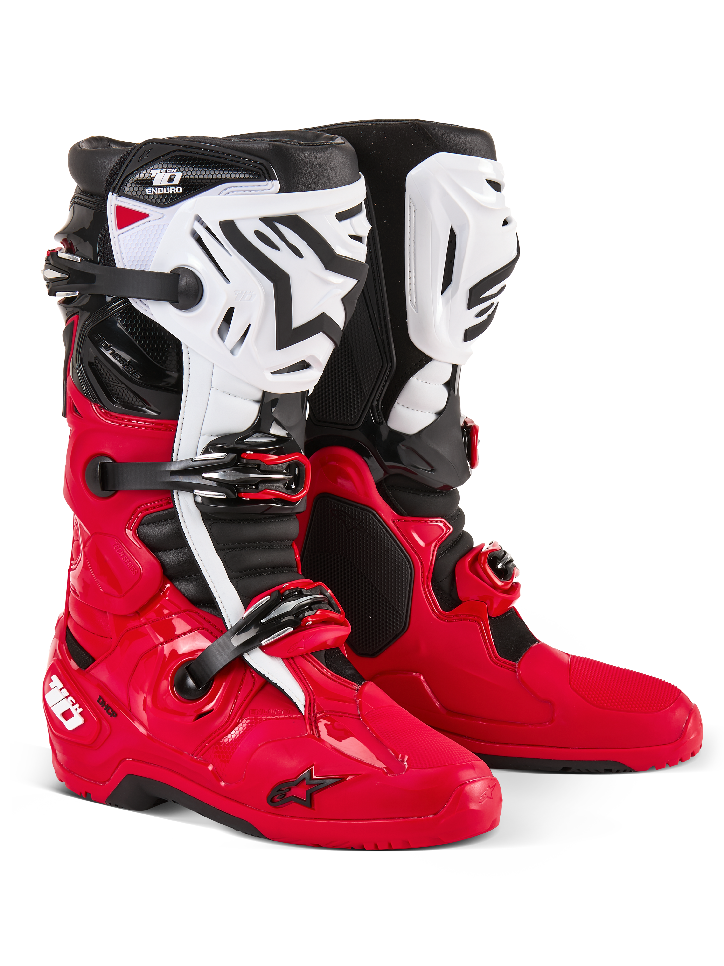Botas Alpinestars Tech 10 Enduro, botas de motocross y enduro, rojo brillante, negro y blanco, espinilleras blancas con logotipo Astars en negro, hebillas y correas negras, diseño duradero para competición off-road