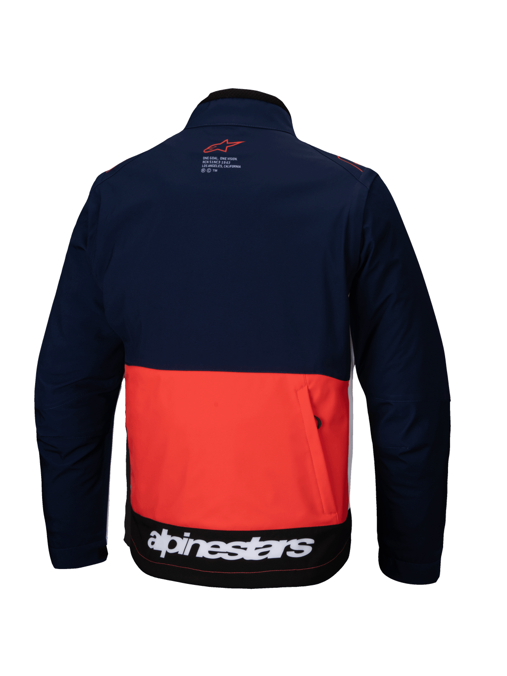 Chaqueta Alpinestars Lite-Dura Softshell en azul marino, naranja y blanco, vista trasera que muestra un diseño de bloques de color, gran bolsillo de almacenamiento trasero con cremallera y logotipo de Alpinestars blanco en el dobladillo inferior