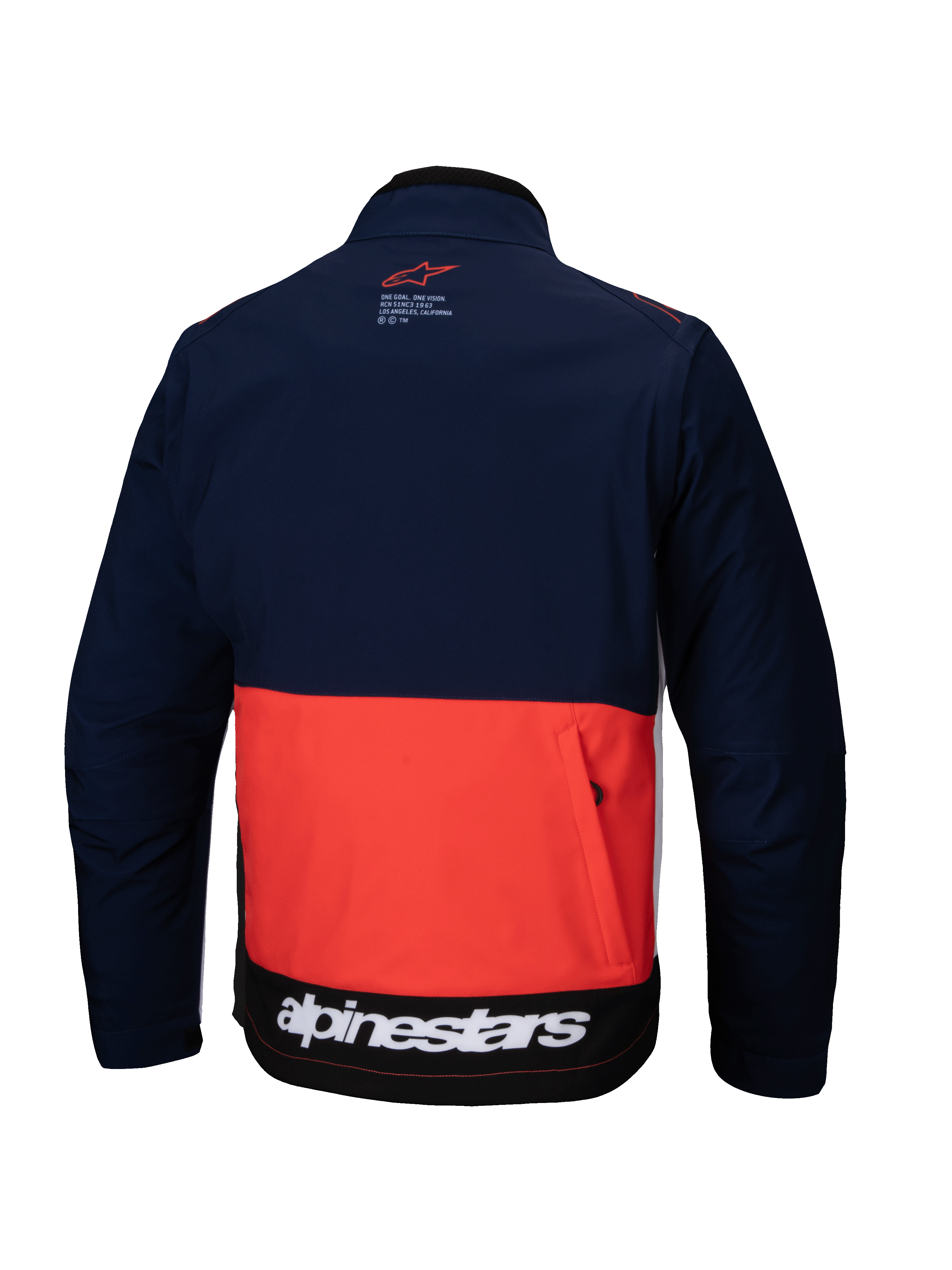 Chaqueta Alpinestars Lite-Dura Softshell en azul marino, naranja y blanco, vista trasera que muestra un diseño de bloques de color, gran bolsillo de almacenamiento trasero con cremallera y logotipo de Alpinestars blanco en el dobladillo inferior