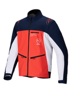 Chaqueta Alpinestars Lite-Dura Softshell, azul marino, naranja intenso y blanco, vista frontal de una chaqueta técnica de off-road con bolsillos para las manos con cremallera, logotipos en el pecho y material elástico duradero para conducción de enduro.