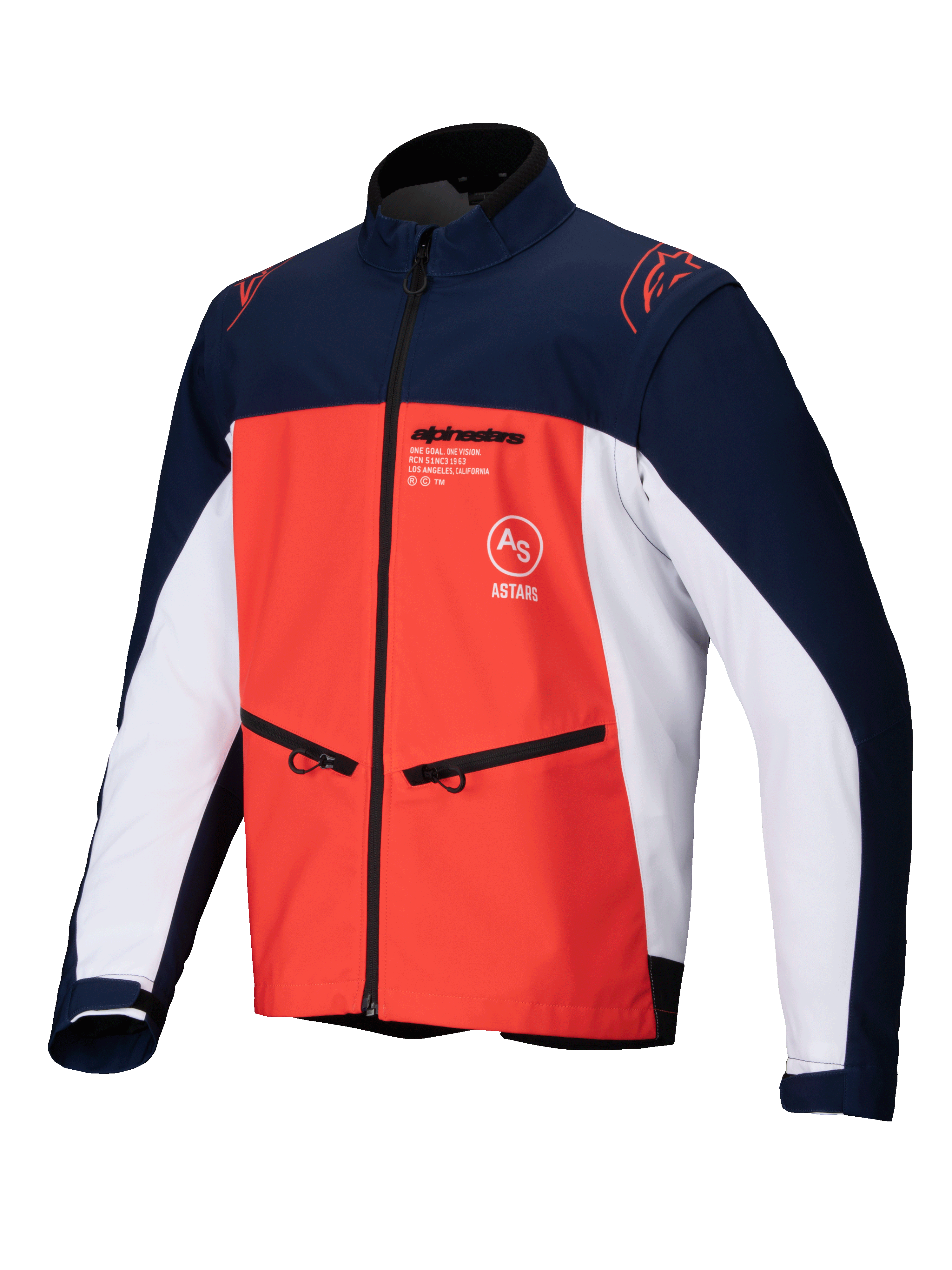 Chaqueta Alpinestars Lite-Dura Softshell, azul marino, naranja intenso y blanco, vista frontal de una chaqueta técnica de off-road con bolsillos para las manos con cremallera, logotipos en el pecho y material elástico duradero para conducción de enduro.
