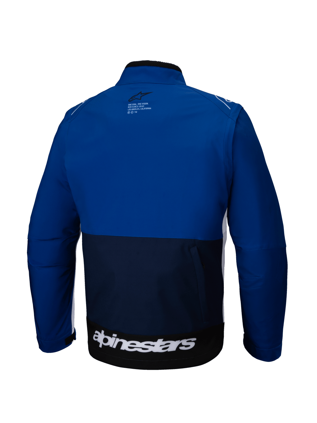 Alpinestars Lite-Dura Softshell Jacket, vista trasera, azul marino, azul brillante y blanco, chaqueta de motocross off-road con diseño de bloques de color, marca blanca grande en el dobladillo inferior y un pequeño logotipo en la parte superior de la espalda