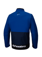 Alpinestars Lite-Dura Softshell Jacket, vista trasera, azul marino, azul brillante y blanco, chaqueta de motocross off-road con diseño de bloques de color, marca blanca grande en el dobladillo inferior y un pequeño logotipo en la parte superior de la espalda