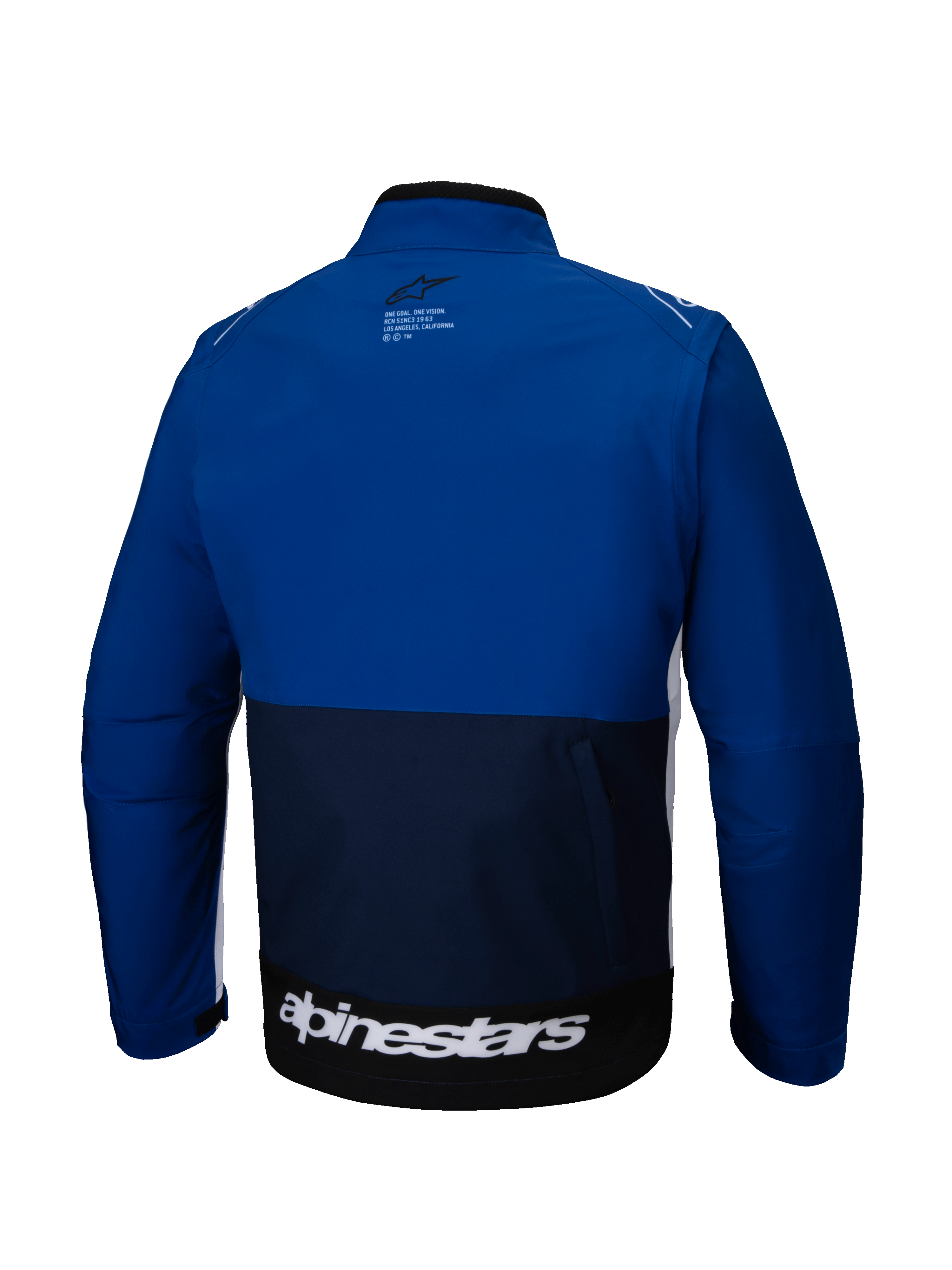 Alpinestars Lite-Dura Softshell Jacket, vista trasera, azul marino, azul brillante y blanco, chaqueta de motocross off-road con diseño de bloques de color, marca blanca grande en el dobladillo inferior y un pequeño logotipo en la parte superior de la espalda