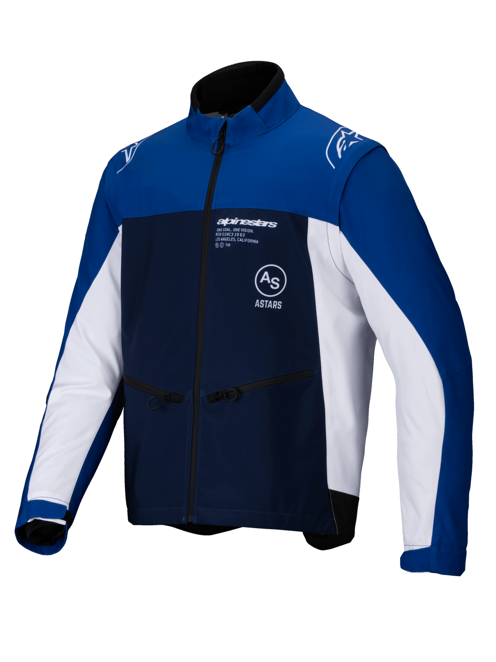 Chaqueta Alpinestars Lite-Dura Softshell, chaqueta de motociclismo off-road, azul marino, azul brillante y blanco, cremallera frontal completa y bolsillos laterales con cremallera, logotipo de Alpinestars en el pecho y los hombros, material softshell resistente para enduro