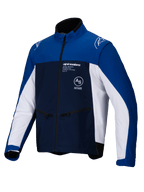 Chaqueta Alpinestars Lite-Dura Softshell, chaqueta de motociclismo off-road, azul marino, azul brillante y blanco, cremallera frontal completa y bolsillos laterales con cremallera, logotipo de Alpinestars en el pecho y los hombros, material softshell resistente para enduro