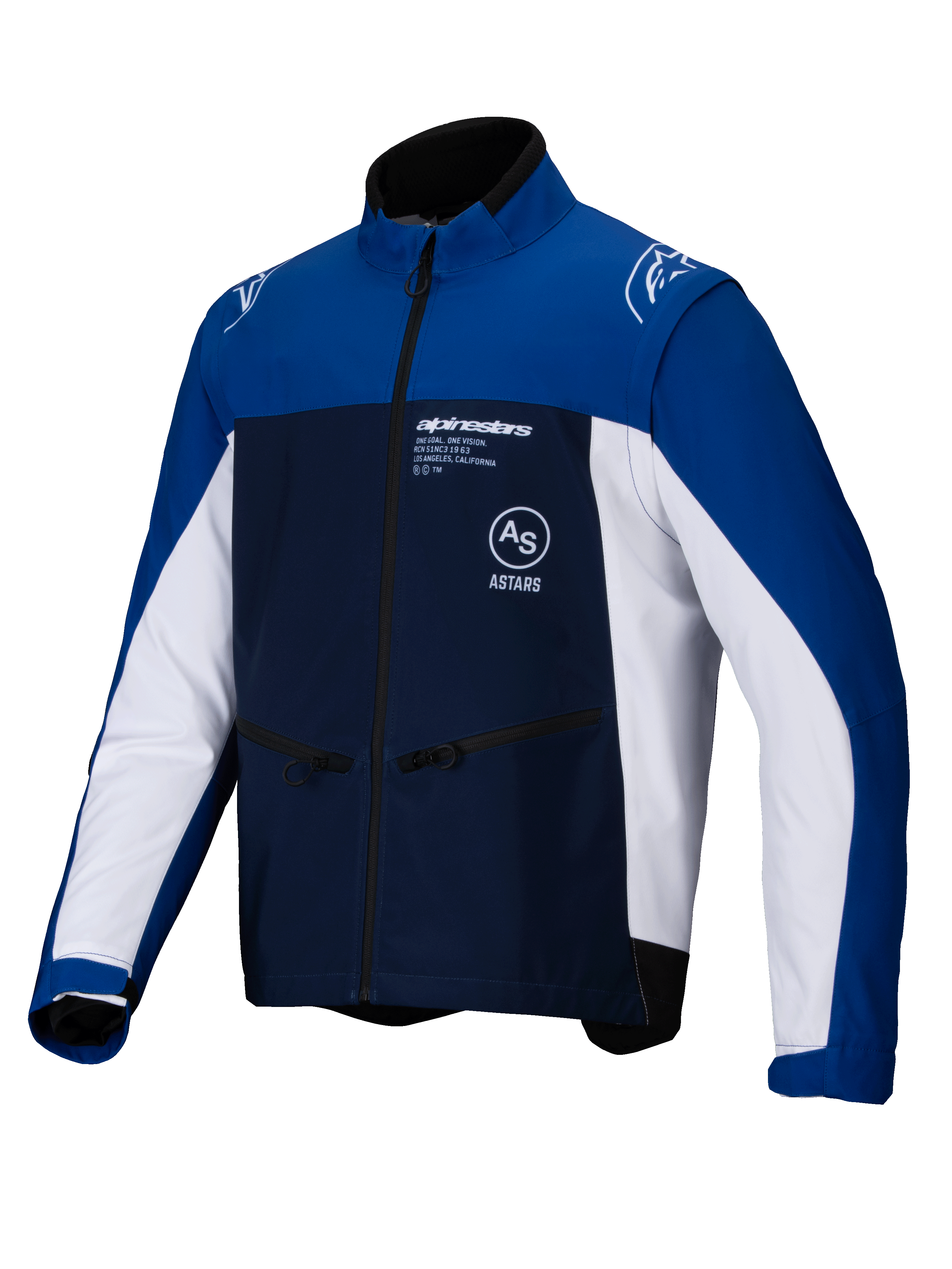 Chaqueta Alpinestars Lite-Dura Softshell, chaqueta de motociclismo off-road, azul marino, azul brillante y blanco, cremallera frontal completa y bolsillos laterales con cremallera, logotipo de Alpinestars en el pecho y los hombros, material softshell resistente para enduro