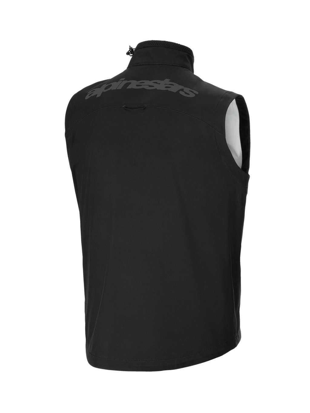 Alpinestars Techstar Softshell Vest, negro, vista trasera con un gran logotipo tonal de Alpinestars en la parte superior de la espalda, material softshell ligero y cortaviento, cuello alto con cordón ajustable, diseño ergonómico sin mangas para superponer sobre el equipo de off-road.