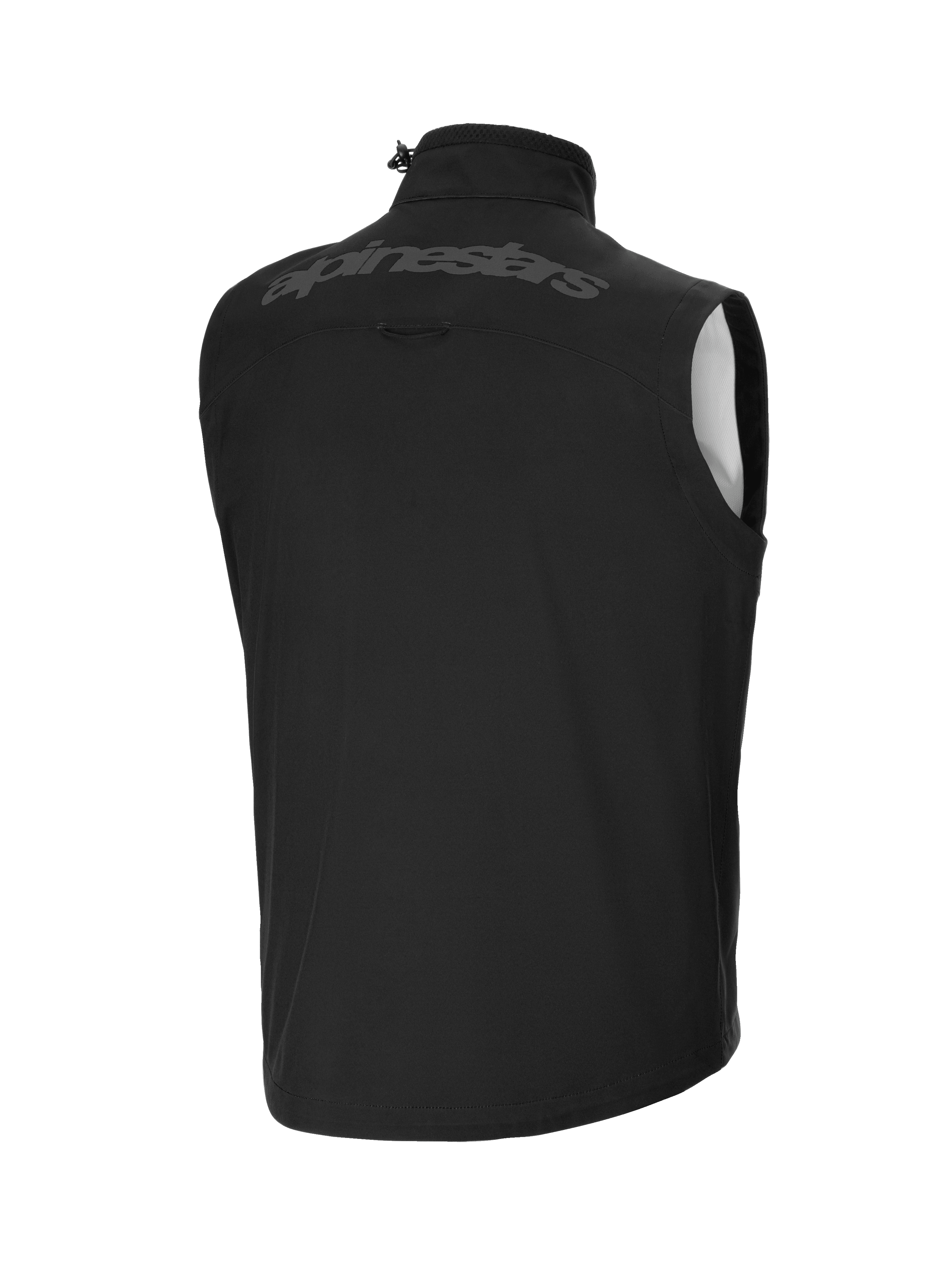 Alpinestars Techstar Softshell Vest, negro, vista trasera con un gran logotipo tonal de Alpinestars en la parte superior de la espalda, material softshell ligero y cortaviento, cuello alto con cordón ajustable, diseño ergonómico sin mangas para superponer sobre el equipo de off-road.