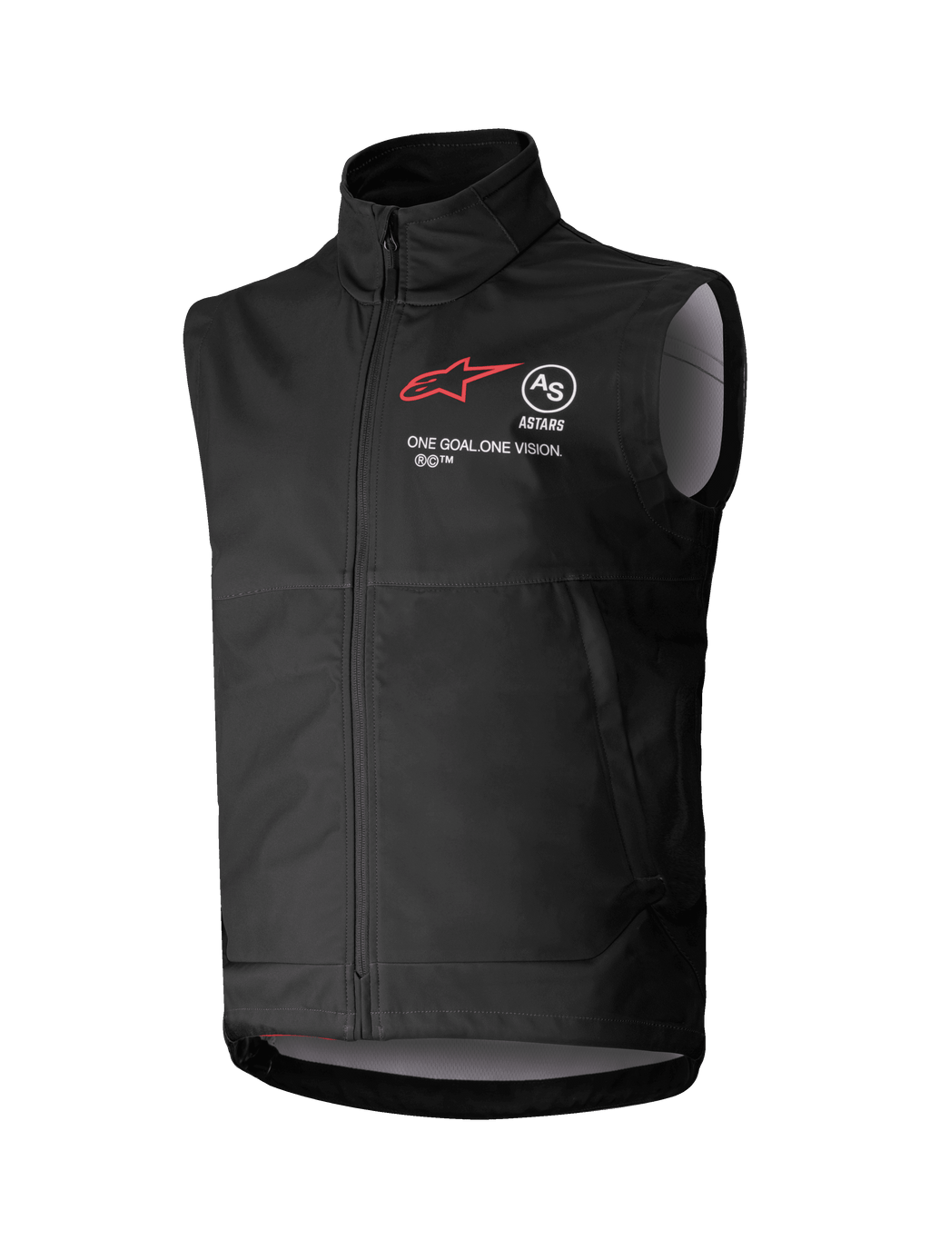 Alpinestars Techstar Softshell Vest, chaleco de motocross negro sin mangas, cuello alto con cremallera frontal, con el logotipo de la estrella roja y marca "ASTARS" y "ONE GOAL. ONE VISION." en el pecho, tejido softshell ligero y cortaviento con forro interior en gris claro, diseñado para conducción off-road