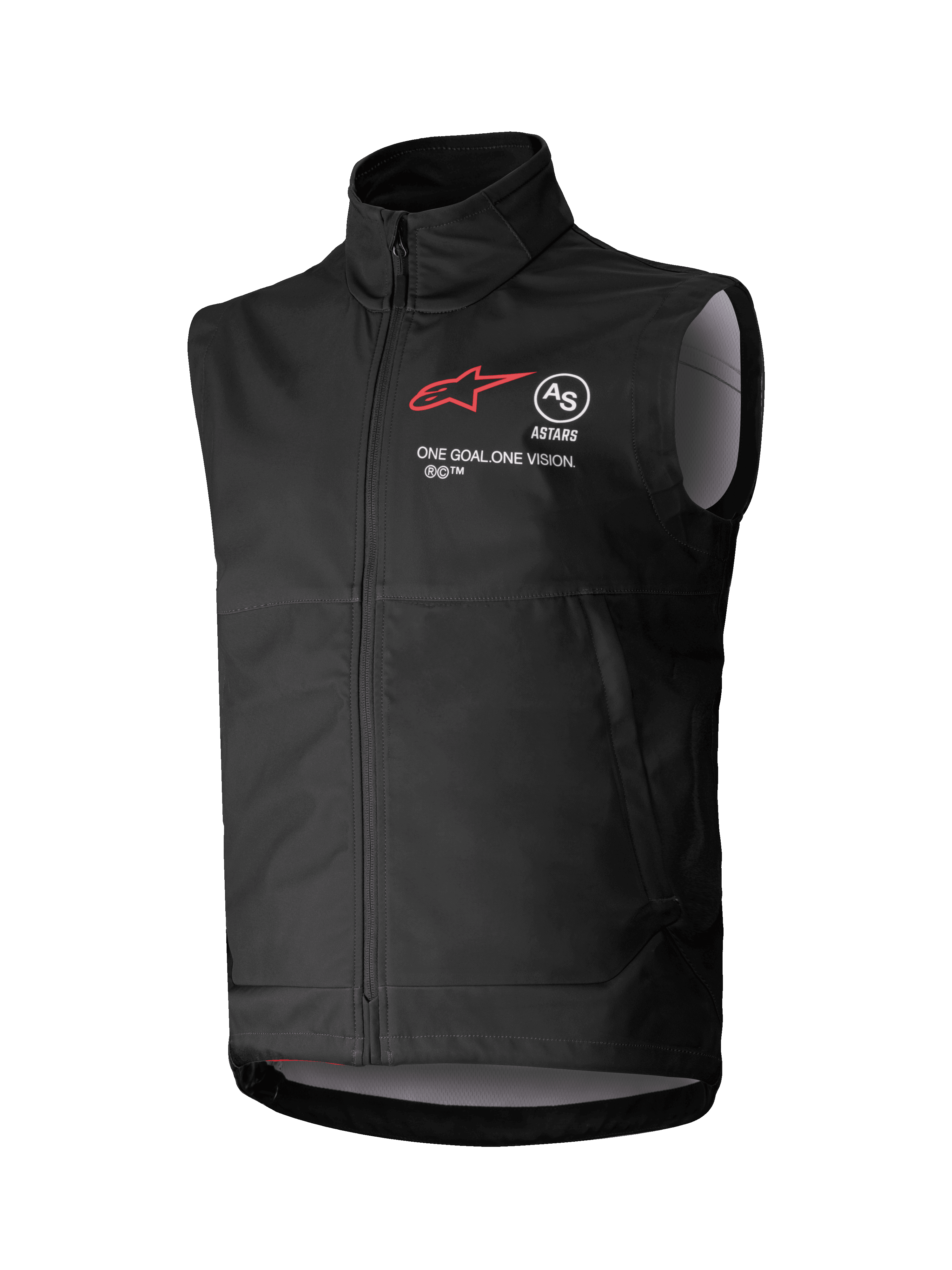 Alpinestars Techstar Softshell Vest, chaleco de motocross negro sin mangas, cuello alto con cremallera frontal, con el logotipo de la estrella roja y marca "ASTARS" y "ONE GOAL. ONE VISION." en el pecho, tejido softshell ligero y cortaviento con forro interior en gris claro, diseñado para conducción off-road