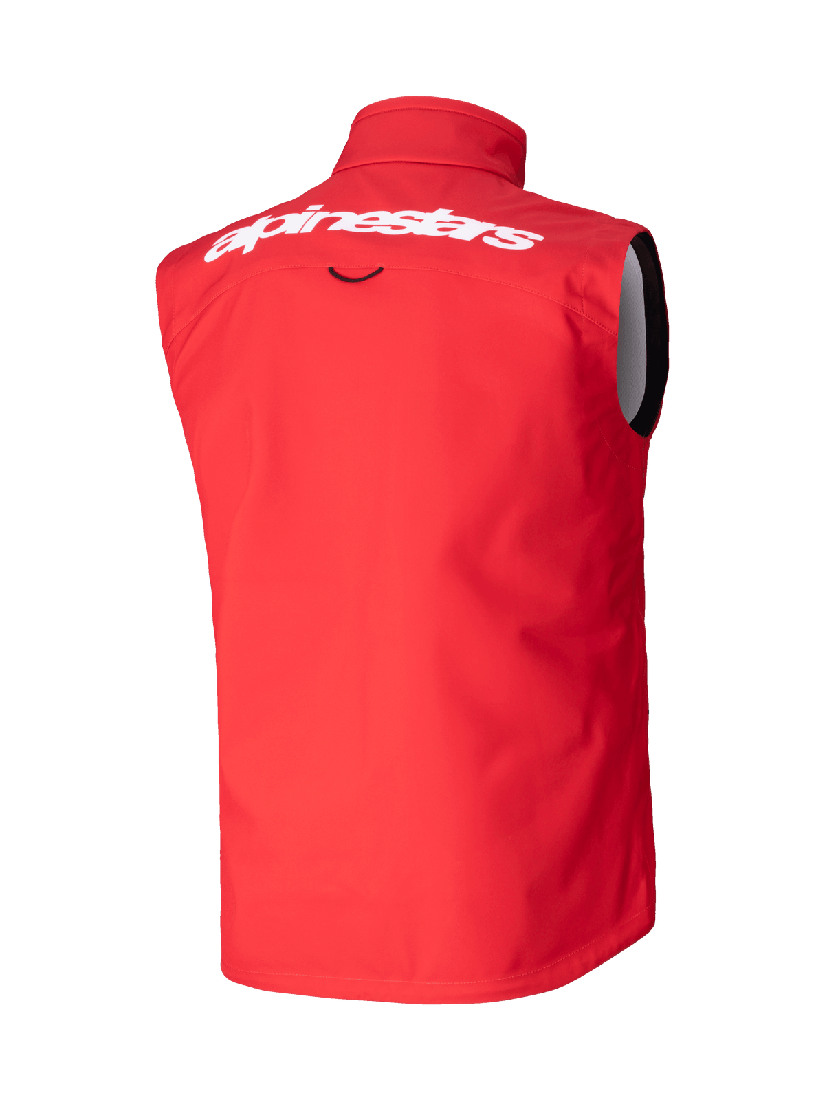 Chaleco Alpinestars Techstar Softshell, chaleco de motocross, rojo brillante, vista posterior con el logotipo de Alpinestars en blanco en la parte superior de la espalda, material softshell elástico y cortaviento, diseño ergonómico sin mangas para conducción off-road