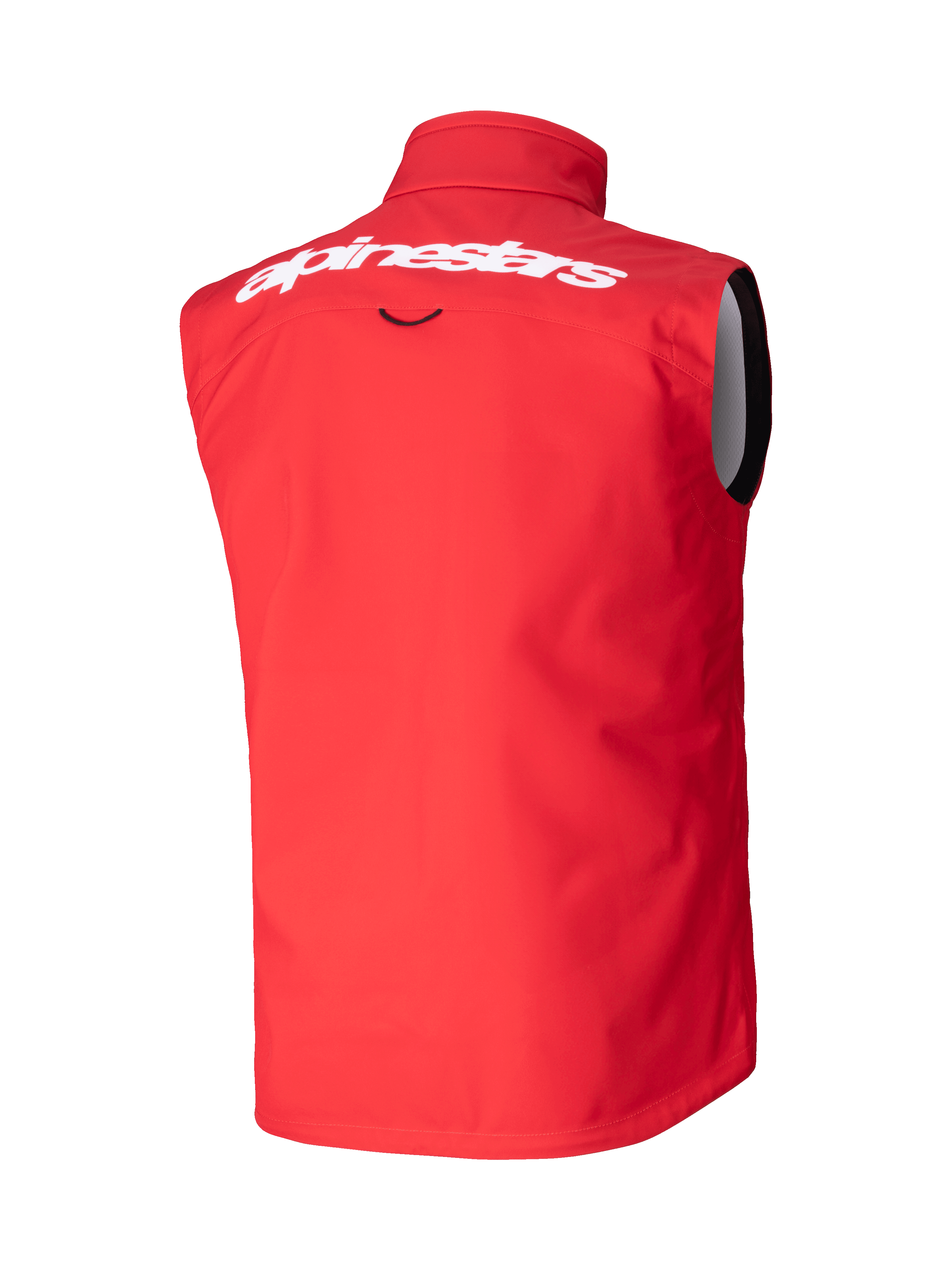 Chaleco Alpinestars Techstar Softshell, chaleco de motocross, rojo brillante, vista posterior con el logotipo de Alpinestars en blanco en la parte superior de la espalda, material softshell elástico y cortaviento, diseño ergonómico sin mangas para conducción off-road