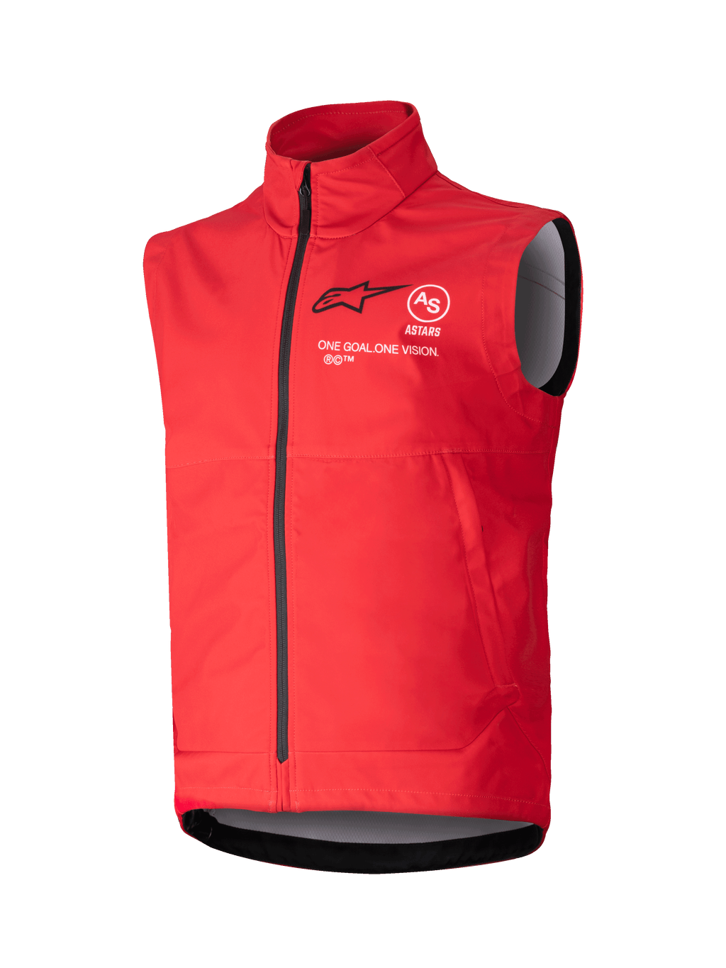 Alpinestars Techstar Softshell Vest, chaleco cortaviento sin mangas en color rojo brillante, cuello alto con cremallera frontal negra, logotipos ASTARS en blanco y negro con el lema 'ONE GOAL ONE VISION' en el pecho, forro interior gris, diseño deportivo para motocross