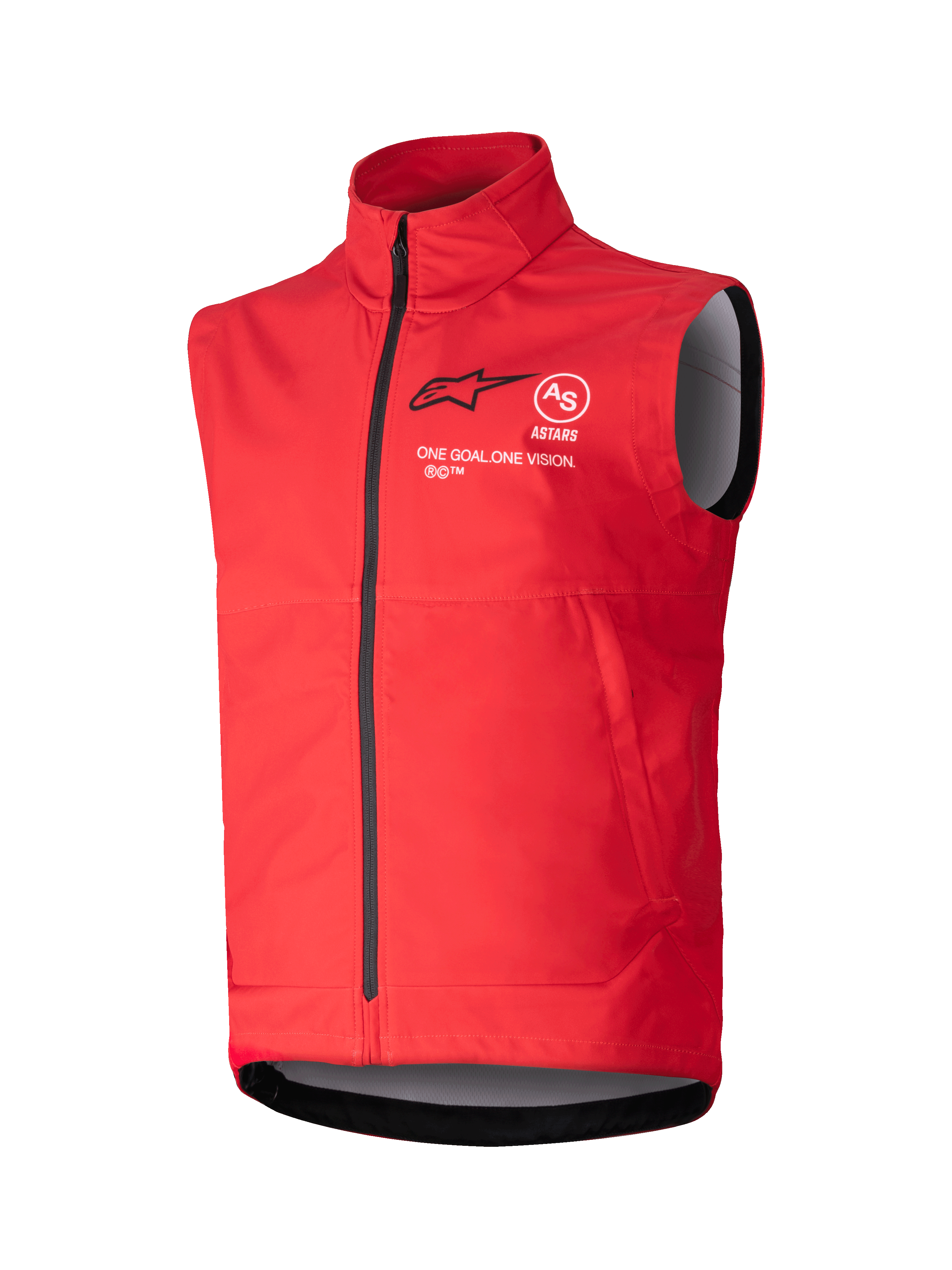 Alpinestars Techstar Softshell Vest, chaleco cortaviento sin mangas en color rojo brillante, cuello alto con cremallera frontal negra, logotipos ASTARS en blanco y negro con el lema 'ONE GOAL ONE VISION' en el pecho, forro interior gris, diseño deportivo para motocross