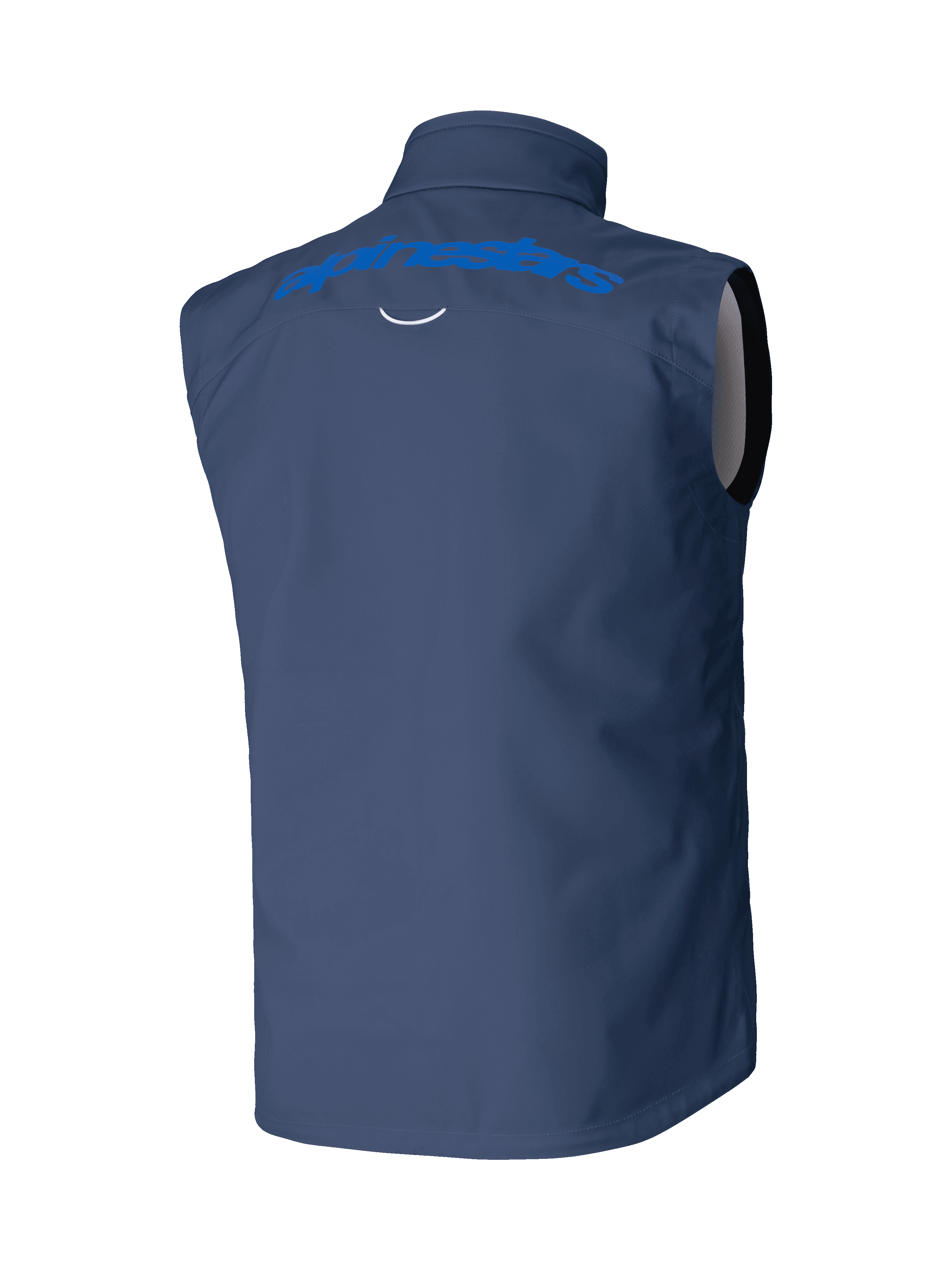 Chaleco Alpinestars Techstar Softshell, azul marino, vista trasera con logotipo de Alpinestars en azul claro en los hombros, confección en softshell elástico y cortaviento para motocross y conducción off-road