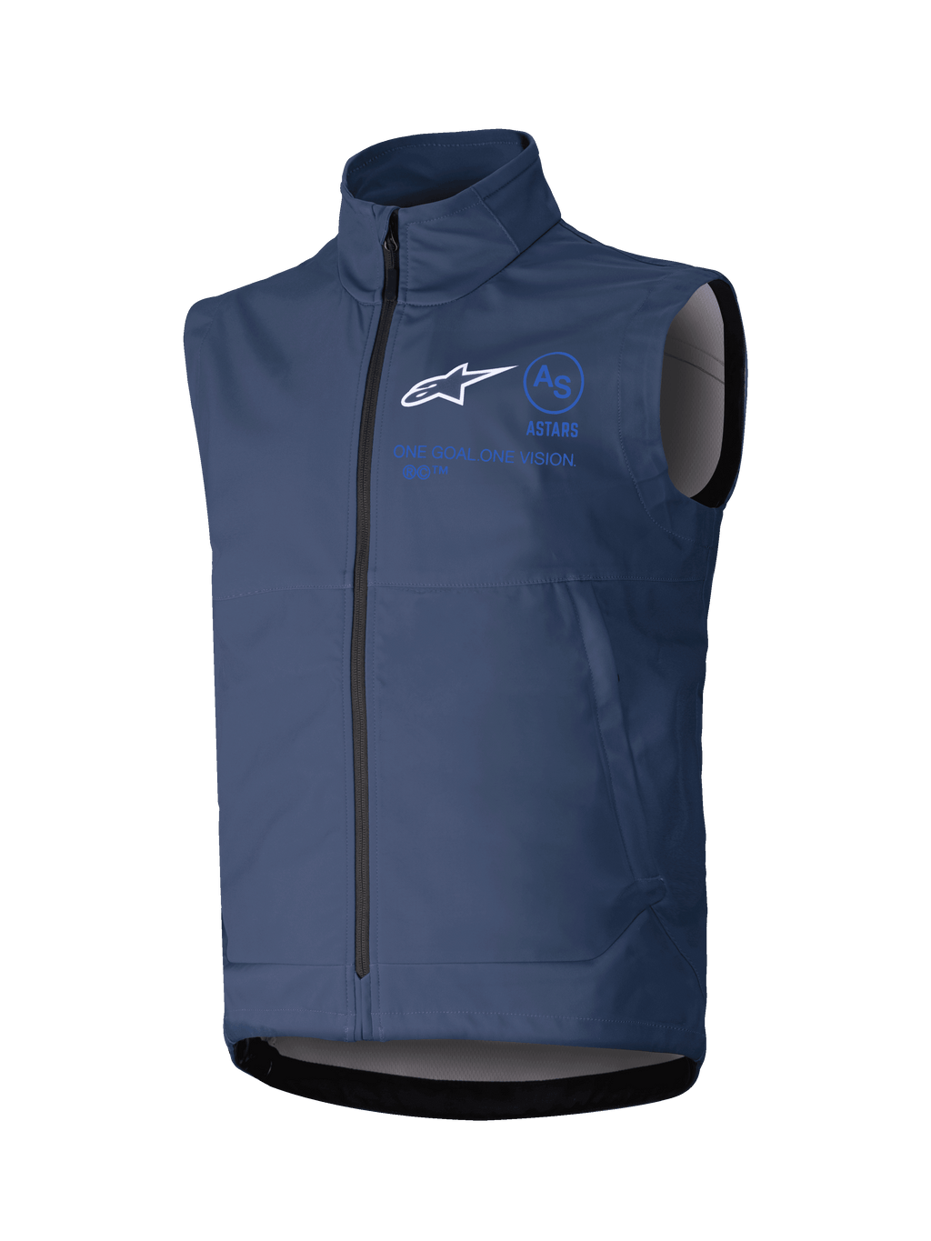 Alpinestars Techstar Softshell Vest, chaleco de moto sin mangas, azul marino, cuello alto con cremallera frontal, logotipo ASTARS blanco y marca en azul, tejido técnico softshell para conducción off-road
