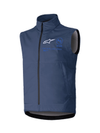 Alpinestars Techstar Softshell Vest, chaleco de moto sin mangas, azul marino, cuello alto con cremallera frontal, logotipo ASTARS blanco y marca en azul, tejido técnico softshell para conducción off-road