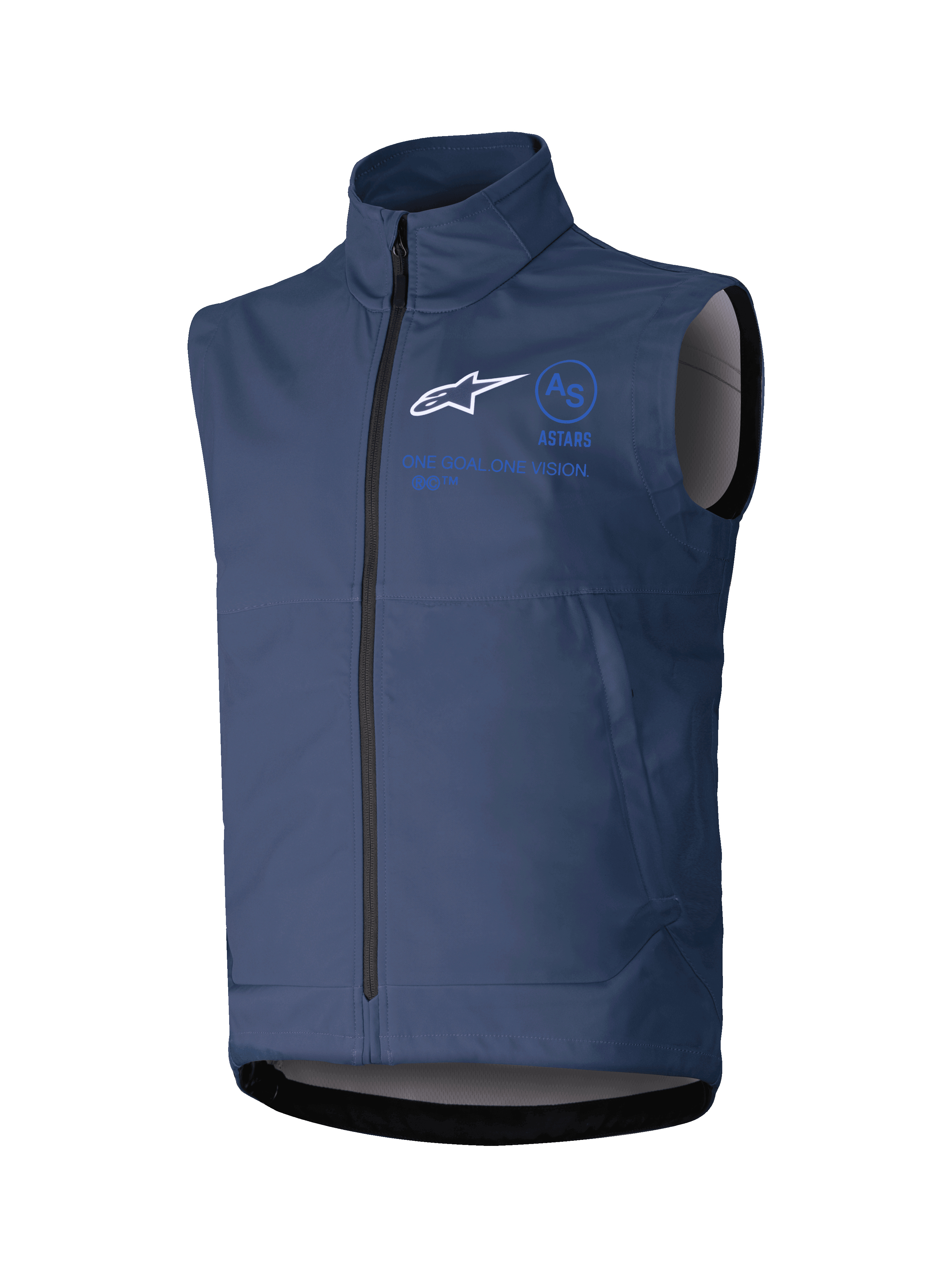 Alpinestars Techstar Softshell Vest, chaleco de moto sin mangas, azul marino, cuello alto con cremallera frontal, logotipo ASTARS blanco y marca en azul, tejido técnico softshell para conducción off-road