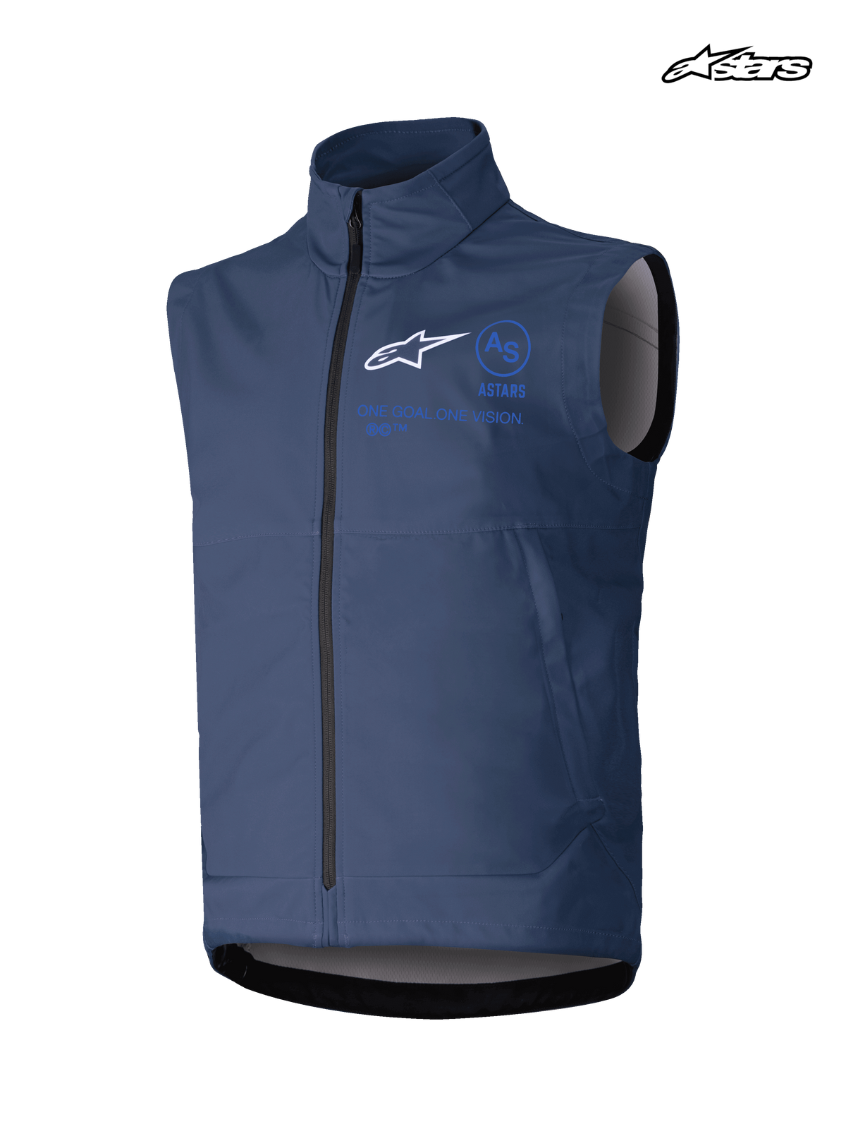 Alpinestars Techstar Softshell Vest, men's motocross riding vest, navy, windproof stretch softshell construction with full front zipper and branding graphics