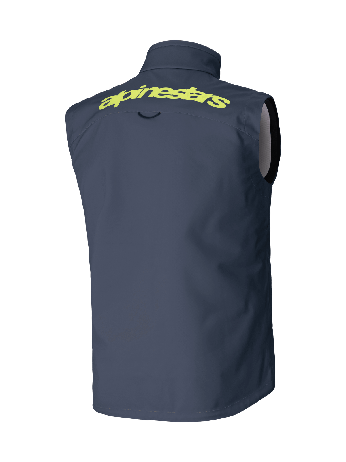 Chaleco Alpinestars Techstar Softshell, gris oscuro, vista posterior, con la marca Alpinestars en amarillo vibrante en los hombros, diseño cortaviento sin mangas, equipamiento de alto rendimiento para motocross y off-road