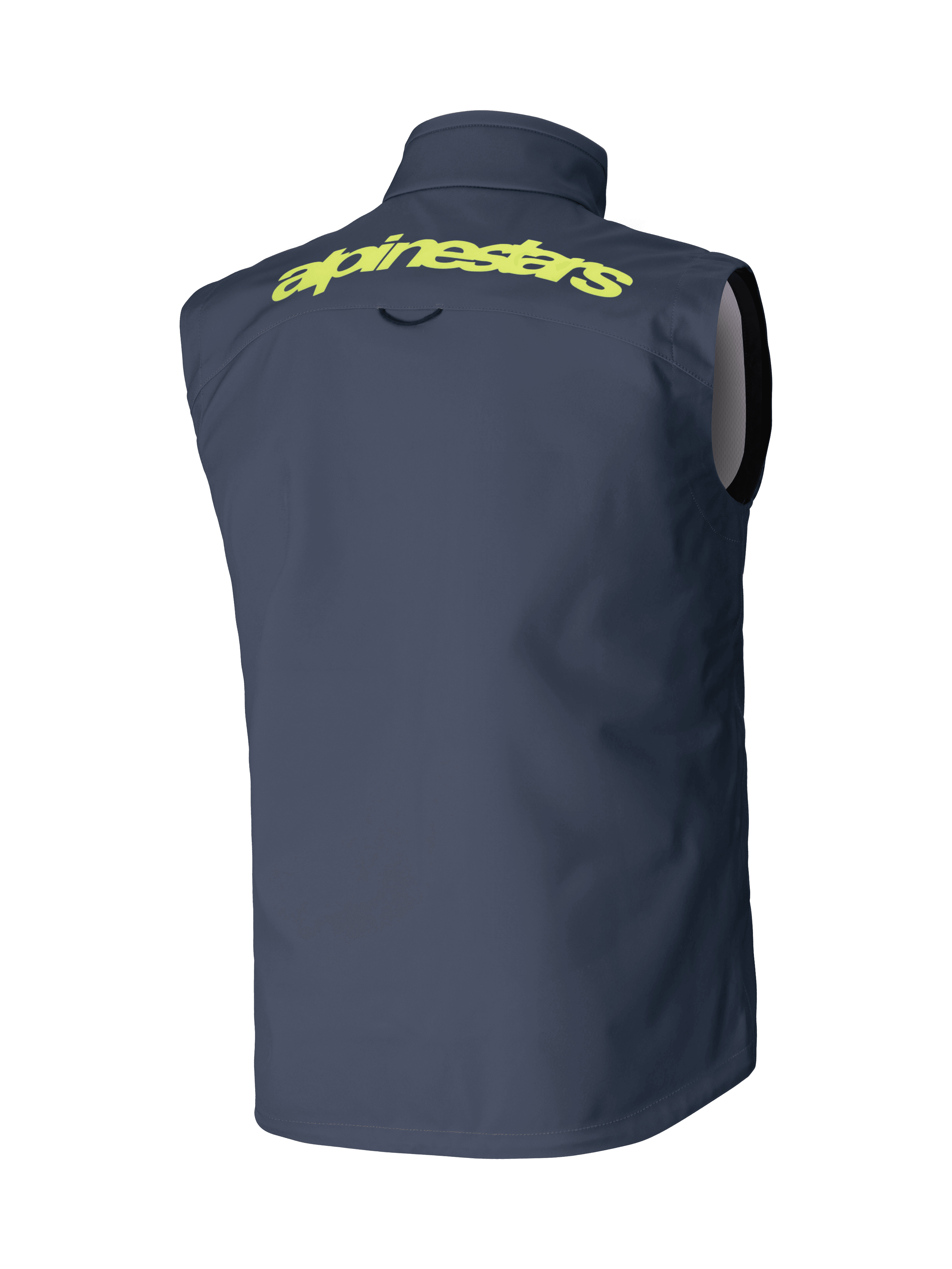 Chaleco Alpinestars Techstar Softshell, gris oscuro, vista posterior, con la marca Alpinestars en amarillo vibrante en los hombros, diseño cortaviento sin mangas, equipamiento de alto rendimiento para motocross y off-road