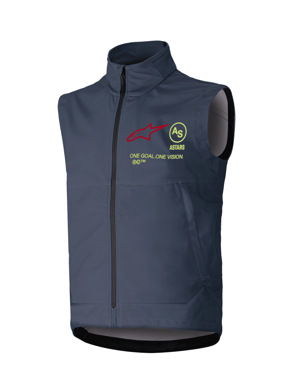 Chaleco Alpinestars Techstar Softshell, chaleco de motocross sin mangas, gris oscuro, cuello alto con cremallera frontal completa, con un logotipo de estrella roja, emblema circular AS amarillo, texto ASTARS y eslogan ONE GOAL ONE VISION en el pecho, capa cortavientos para conducción off-road.