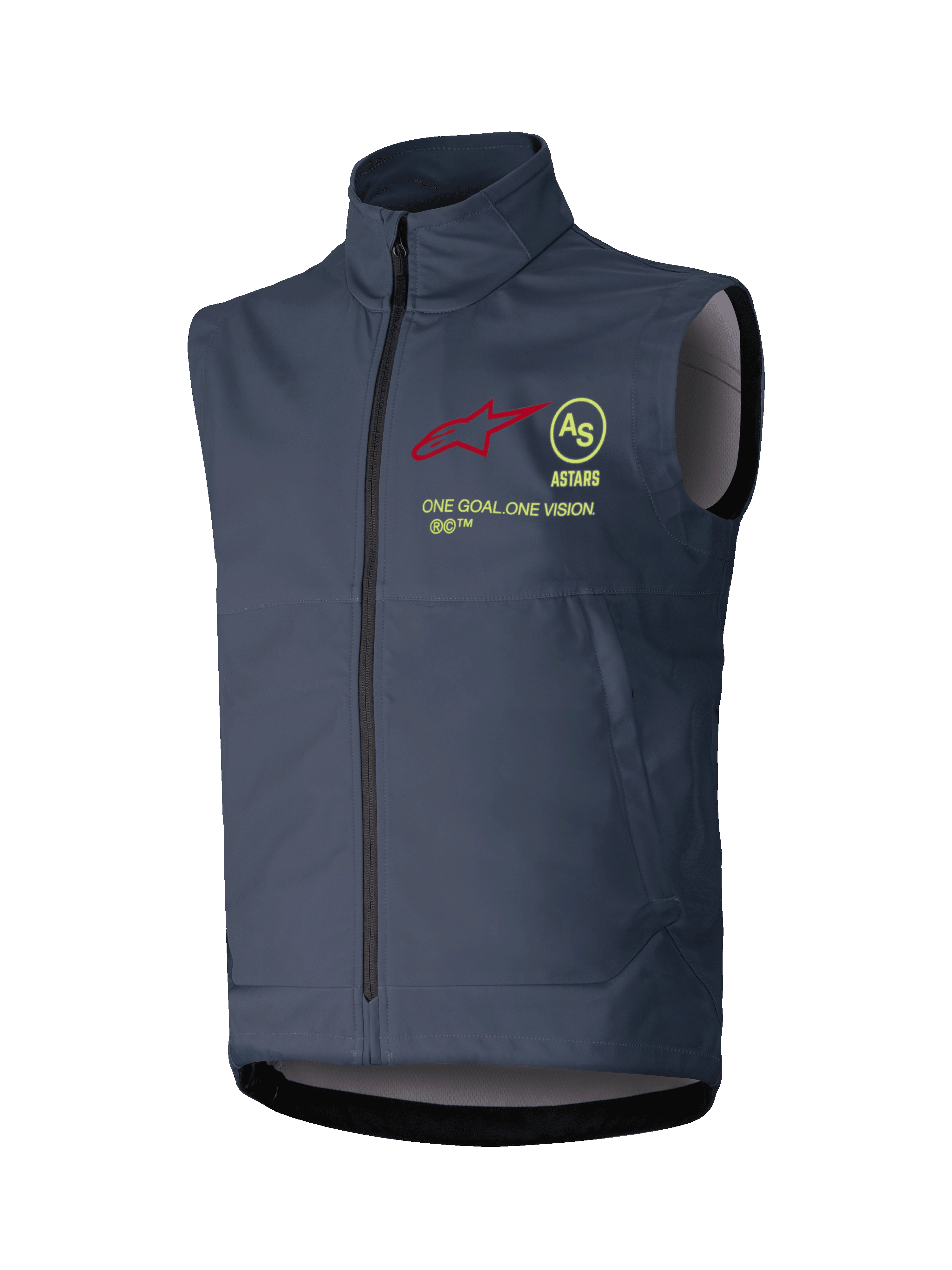 Chaleco Alpinestars Techstar Softshell, chaleco de motocross sin mangas, gris oscuro, cuello alto con cremallera frontal completa, con un logotipo de estrella roja, emblema circular AS amarillo, texto ASTARS y eslogan ONE GOAL ONE VISION en el pecho, capa cortavientos para conducción off-road.
