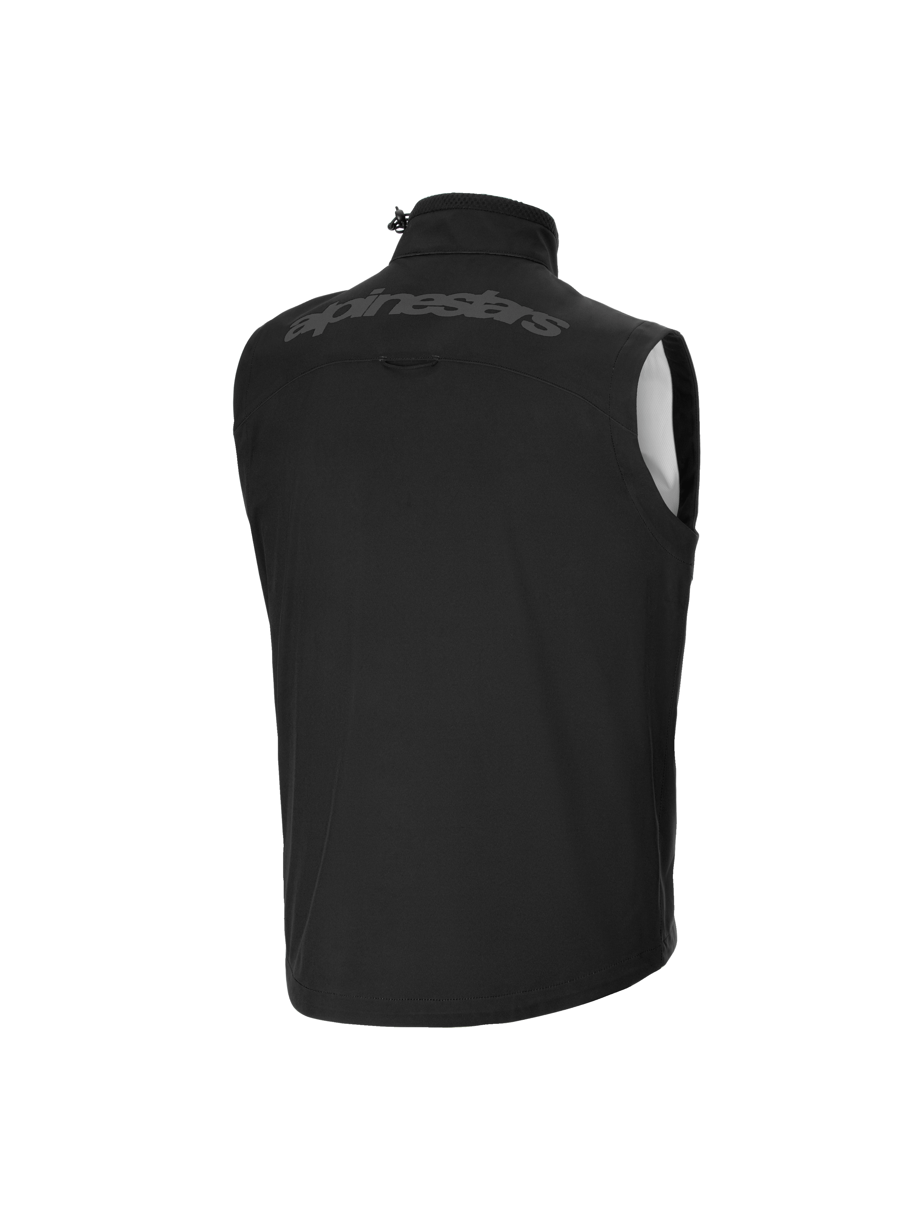 Alpinestars Youth Techstar Softshell Vest, chaleco de motocross, negro, vista posterior, con logotipo de Alpinestars tonal en la parte superior de la espalda, cuello alto con ajuste de cordón elástico, material softshell ligero y cortaviento.