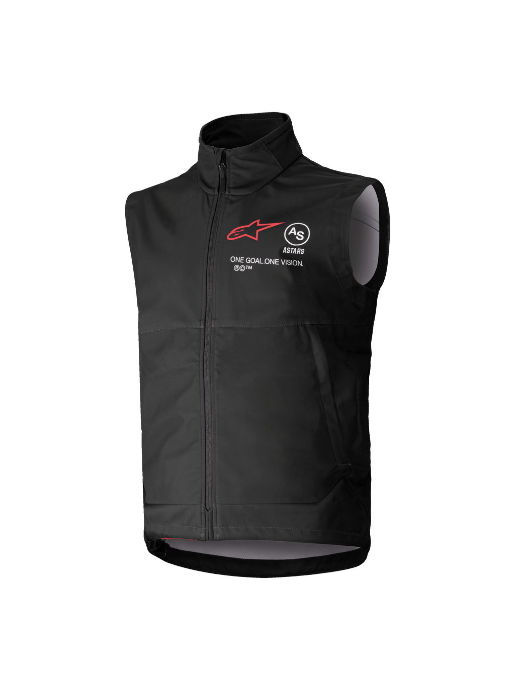 Alpinestars Youth Techstar Softshell Vest, chaleco de motocross sin mangas negro, logo de estrella roja, cuello alto, cremallera frontal, marca 'ONE GOAL. ONE VISION.', forro gris claro, equipamiento de motociclismo juvenil