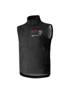 Alpinestars Youth Techstar Softshell Vest, chaleco de motocross sin mangas negro, logo de estrella roja, cuello alto, cremallera frontal, marca 'ONE GOAL. ONE VISION.', forro gris claro, equipamiento de motociclismo juvenil