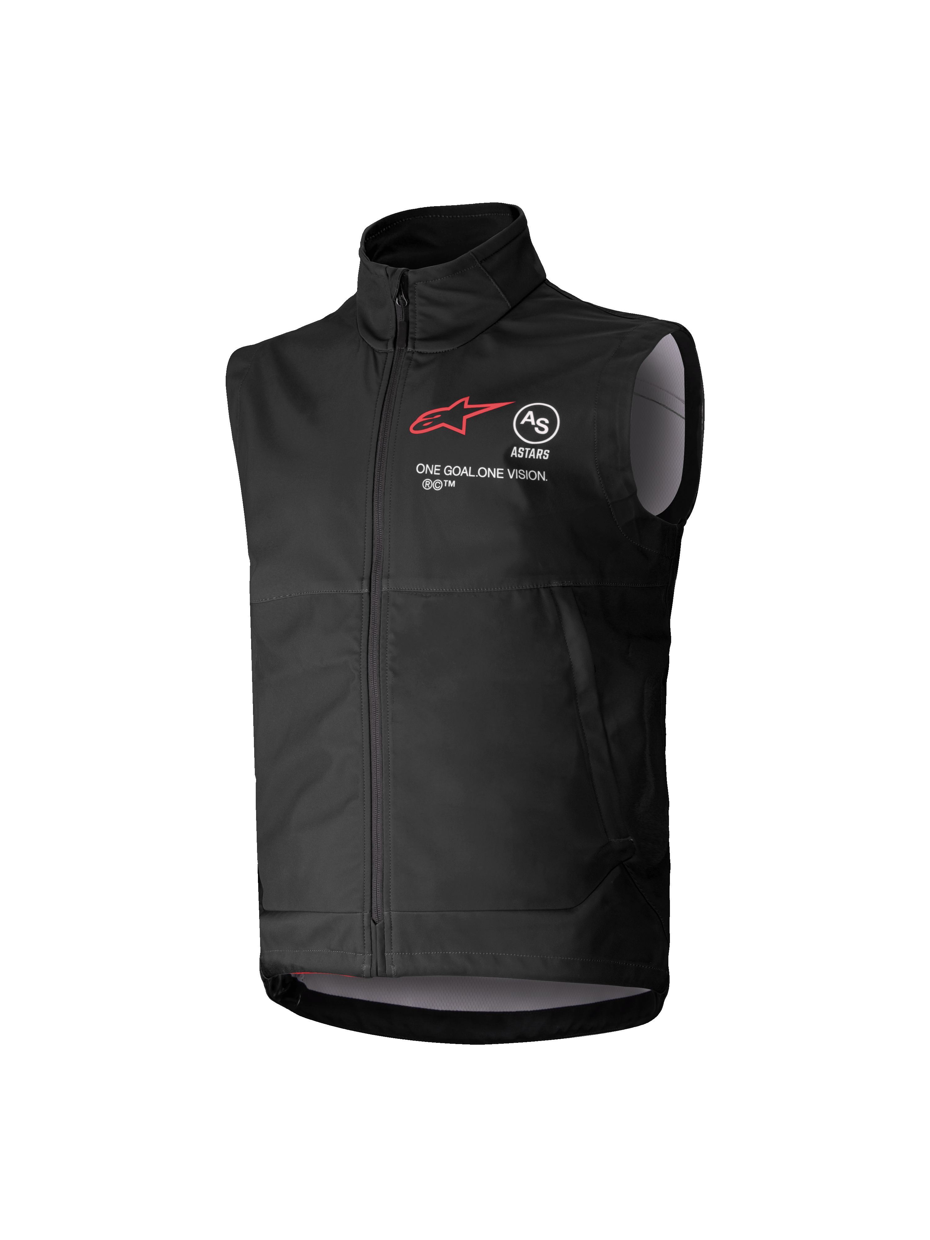 Alpinestars Youth Techstar Softshell Vest, chaleco de motocross sin mangas negro, logo de estrella roja, cuello alto, cremallera frontal, marca 'ONE GOAL. ONE VISION.', forro gris claro, equipamiento de motociclismo juvenil