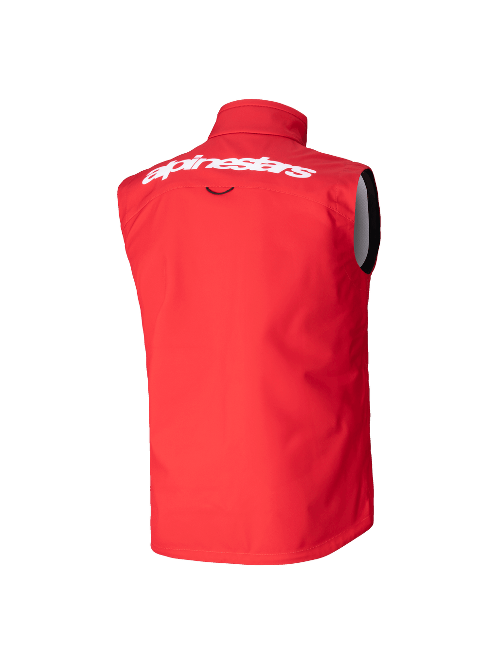 Chaleco Softshell Techstar Juvenil Alpinestars, chaleco de motocross, rojo brillante, vista trasera con gran logotipo de Alpinestars en blanco en la parte superior de la espalda, diseño softshell sin mangas con cuello alto para protección contra el viento.