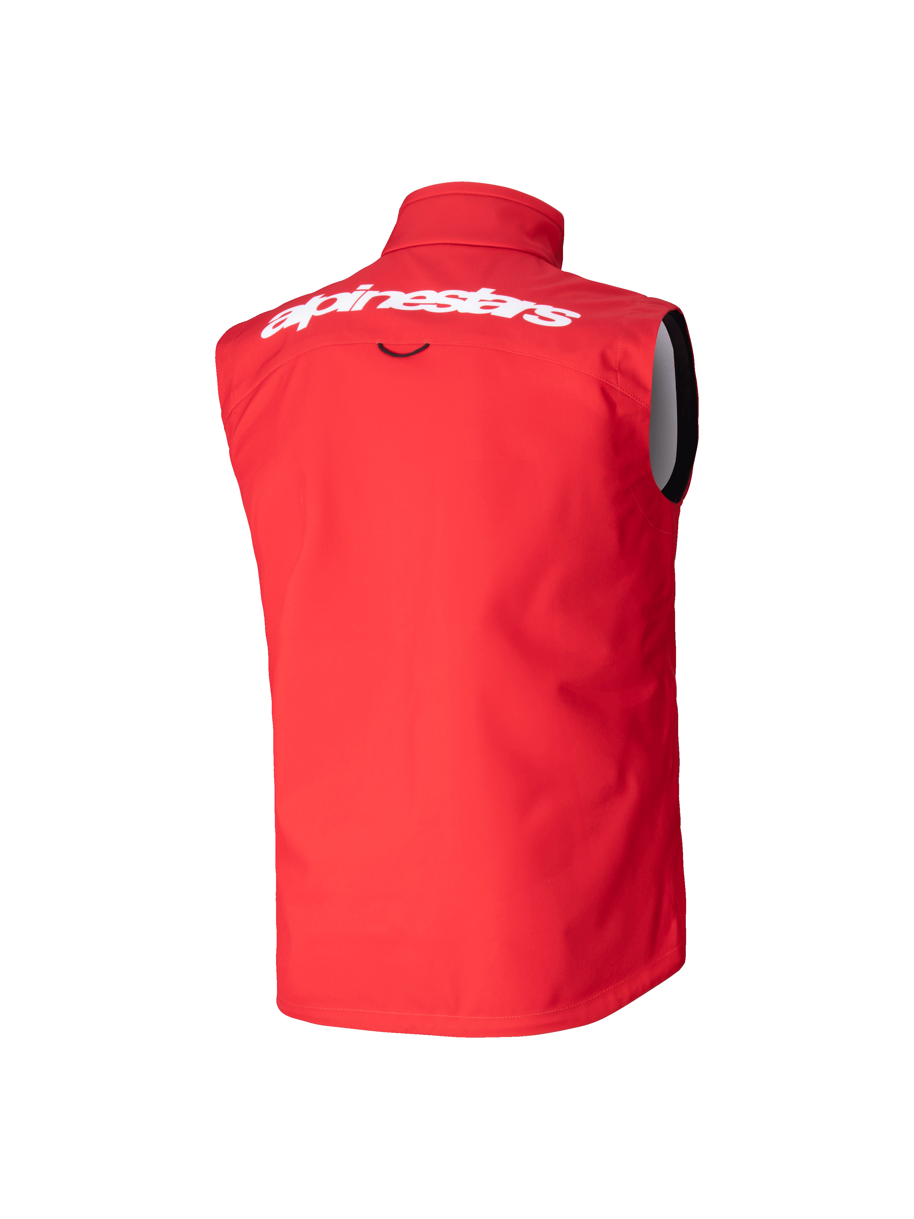 Chaleco Softshell Techstar Juvenil Alpinestars, chaleco de motocross, rojo brillante, vista trasera con gran logotipo de Alpinestars en blanco en la parte superior de la espalda, diseño softshell sin mangas con cuello alto para protección contra el viento.