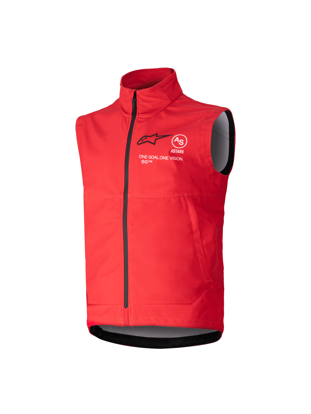 Alpinestars Youth Techstar Softshell Vest, chaleco cortavientos de motocross para jóvenes, rojo brillante, cuello alto con cremallera negra completa, diseño sin mangas con forro interior gris, logotipo negro y texto de marca blanco en el pecho