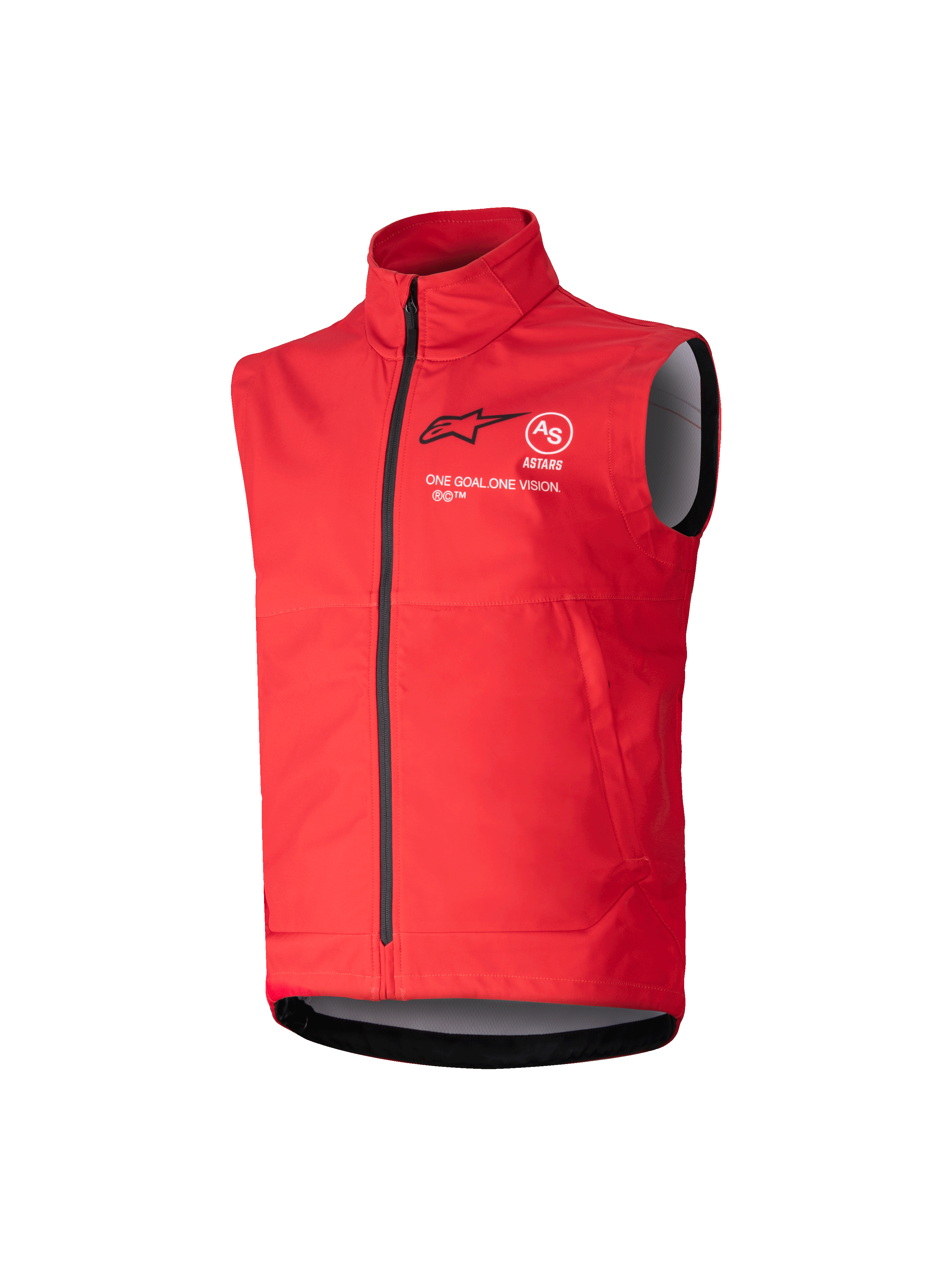 Alpinestars Youth Techstar Softshell Vest, chaleco cortavientos de motocross para jóvenes, rojo brillante, cuello alto con cremallera negra completa, diseño sin mangas con forro interior gris, logotipo negro y texto de marca blanco en el pecho