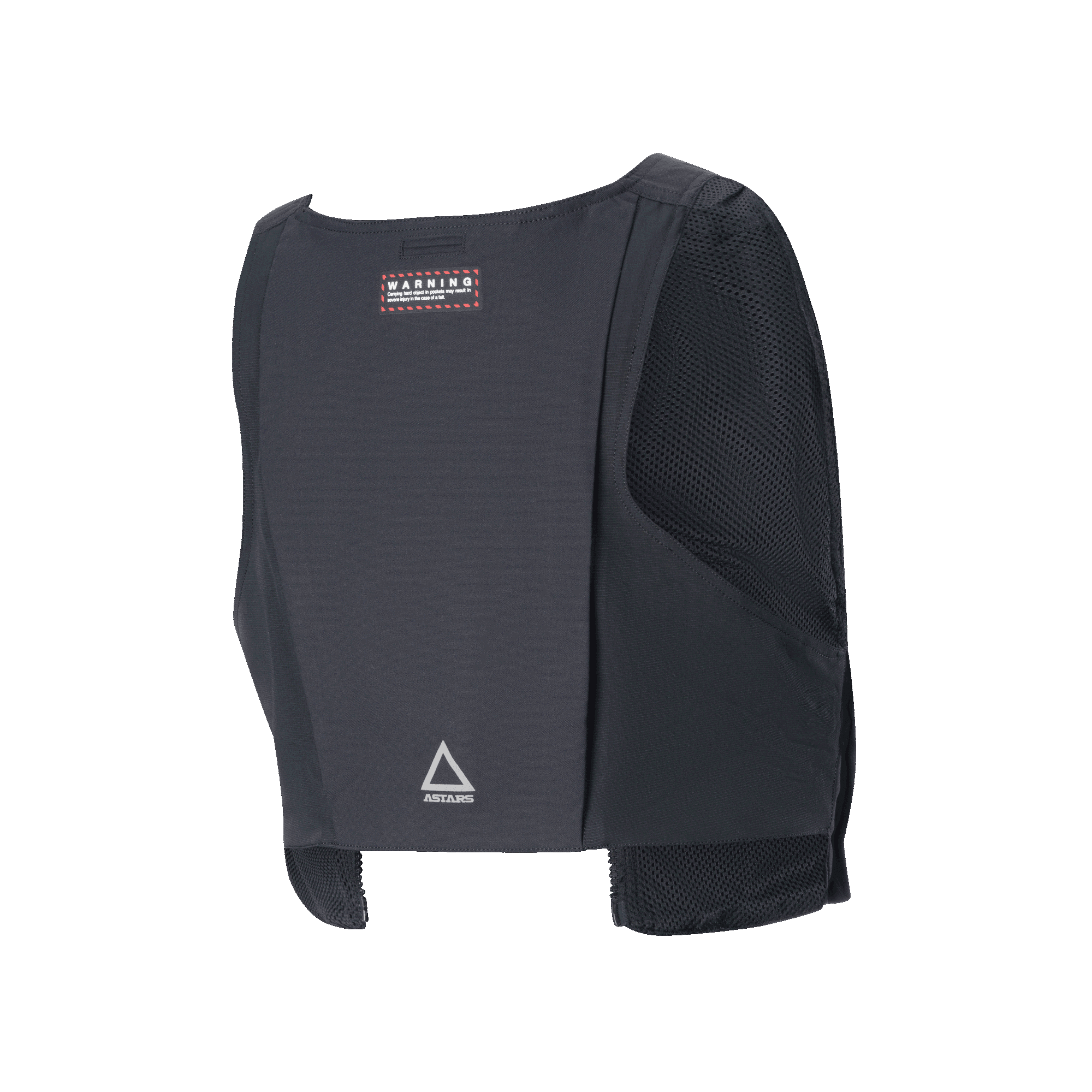 Chaleco Táctico Alpinestars Techdura, vista trasera, tejido textil negro resistente con paneles laterales de malla, con una etiqueta de advertencia roja y el logotipo triangular plateado de Astars en la parte inferior de la espalda, sistema de almacenamiento modular para conducción de enduro