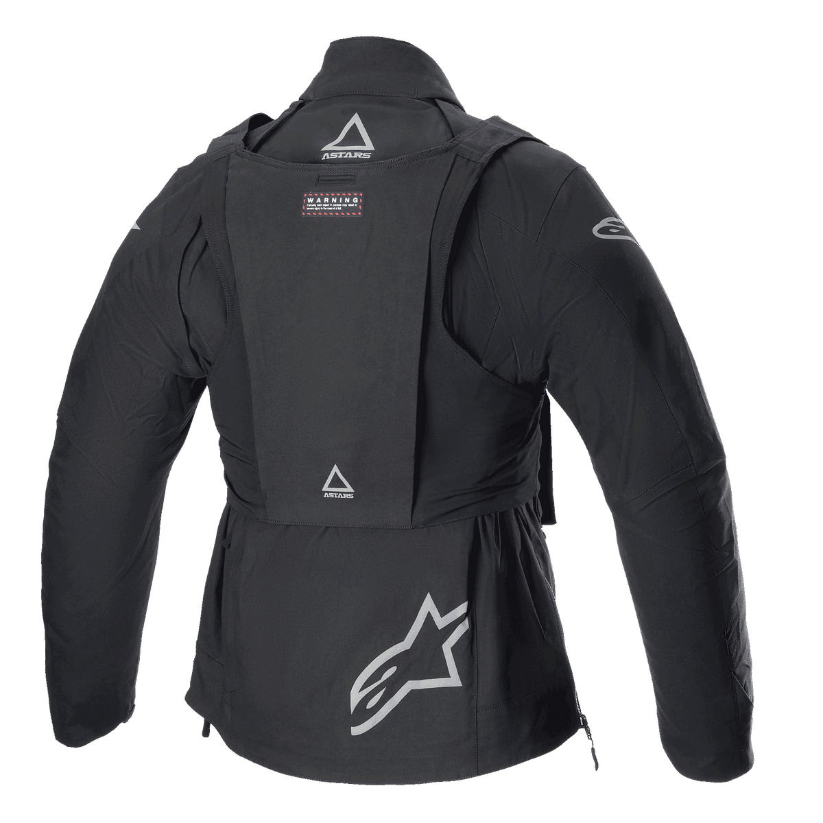Chaqueta Alpinestars Techdura con Paquete Táctico, chaqueta de moto todoterreno, Black Reflex, vista trasera con chaleco táctico desmontable y logotipos ASTARS, logotipo de estrella grande en la parte inferior de la espalda, construcción modular robusta para conducción de enduro