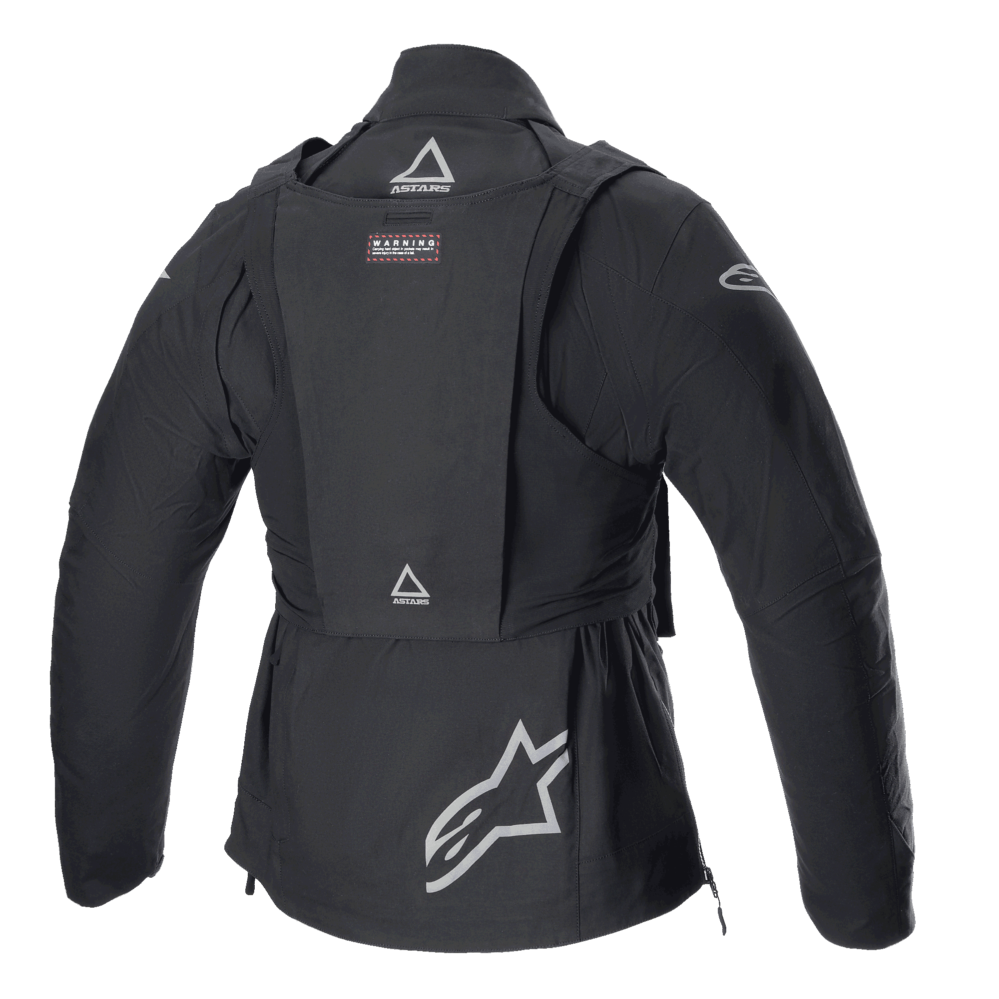 Chaqueta Alpinestars Techdura con Paquete Táctico, chaqueta de moto todoterreno, Black Reflex, vista trasera con chaleco táctico desmontable y logotipos ASTARS, logotipo de estrella grande en la parte inferior de la espalda, construcción modular robusta para conducción de enduro
